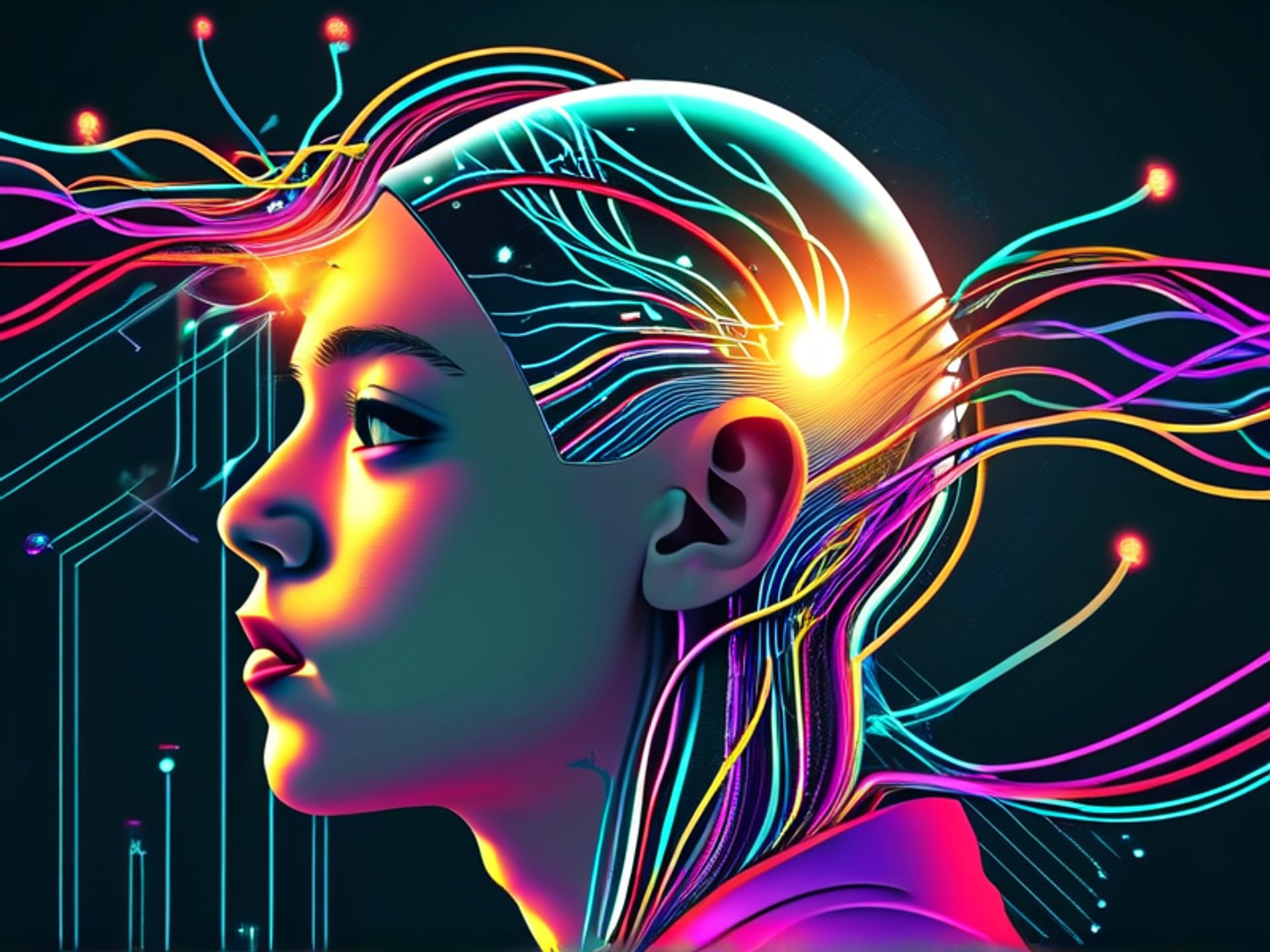 Stable Diffusion XL Prompt: A visual metaphor illustration, side view of a person's head. Inside, colorful, abstract tangled wires and a glowing light bulb. The wires connect to an external, simple, clear flowchart. Stylized, minimalist, vector art style, clean lines, vibrant colors on dark background --ar 16:9