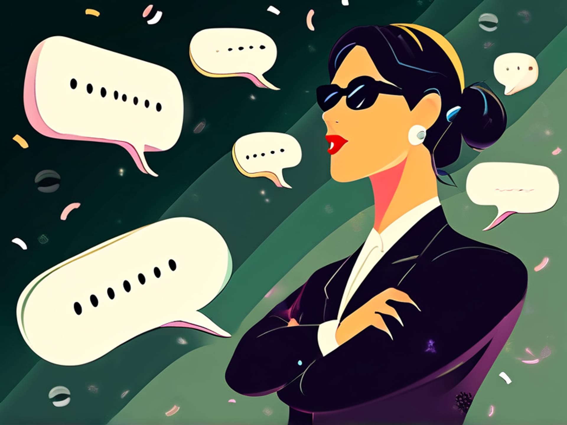 Midjourney prompt: A confident CEO character pushing away floating social media speech bubbles with a dismissive hand. The bubbles contain phrases like 'broken,' 'expensive,' 'confusing.' Stylized, editorial illustration style, muted colors.