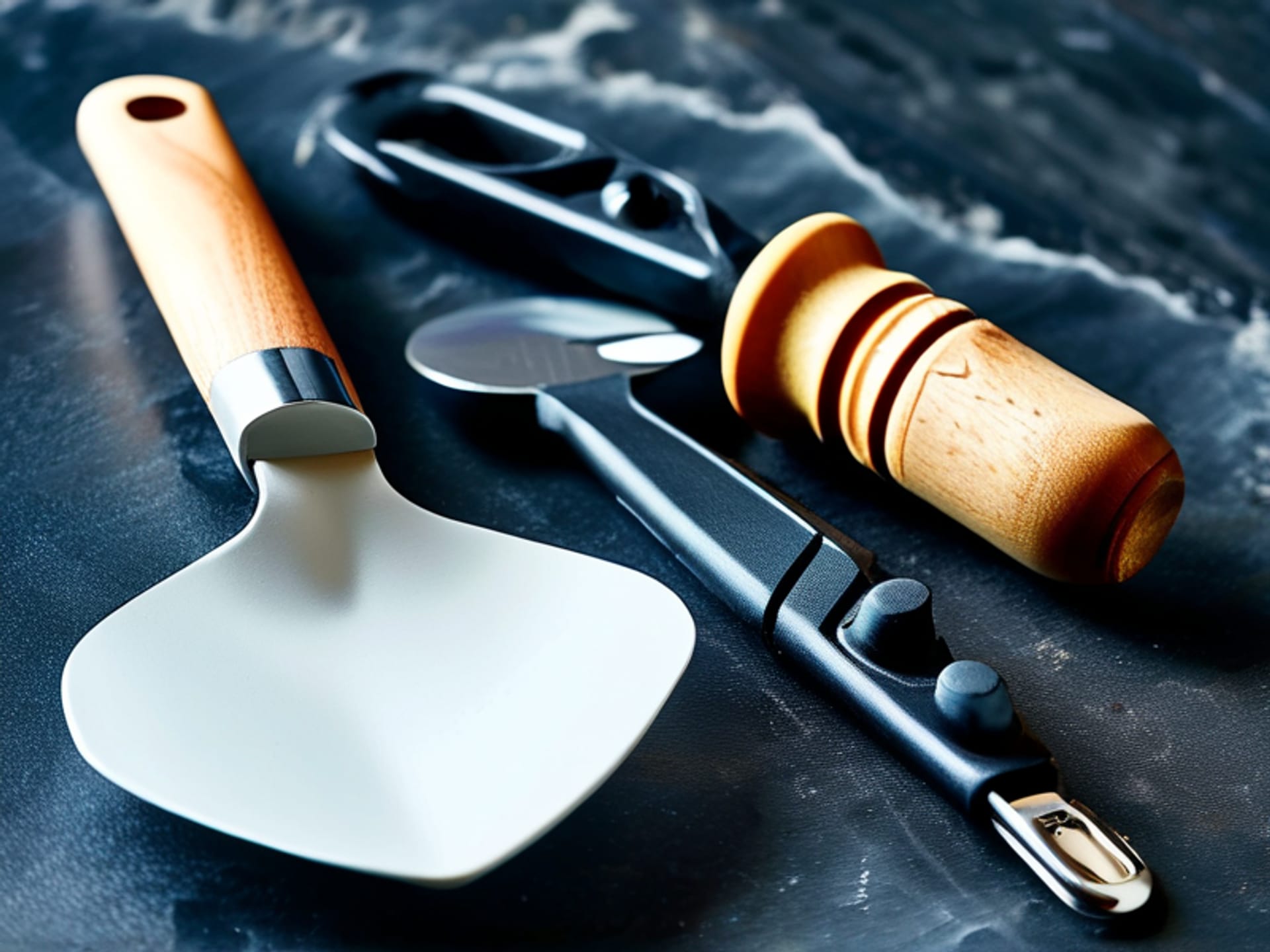 Midjourney prompt: Still life product photo, macro shot of several ergonomic kitchen tools on a slate countertop: A soft foam knife grip, a rocking pizza cutter, and a jar opener with long handles. Minimalist, clean, commercial style, studio lighting, sharp focus. --ar 16:9