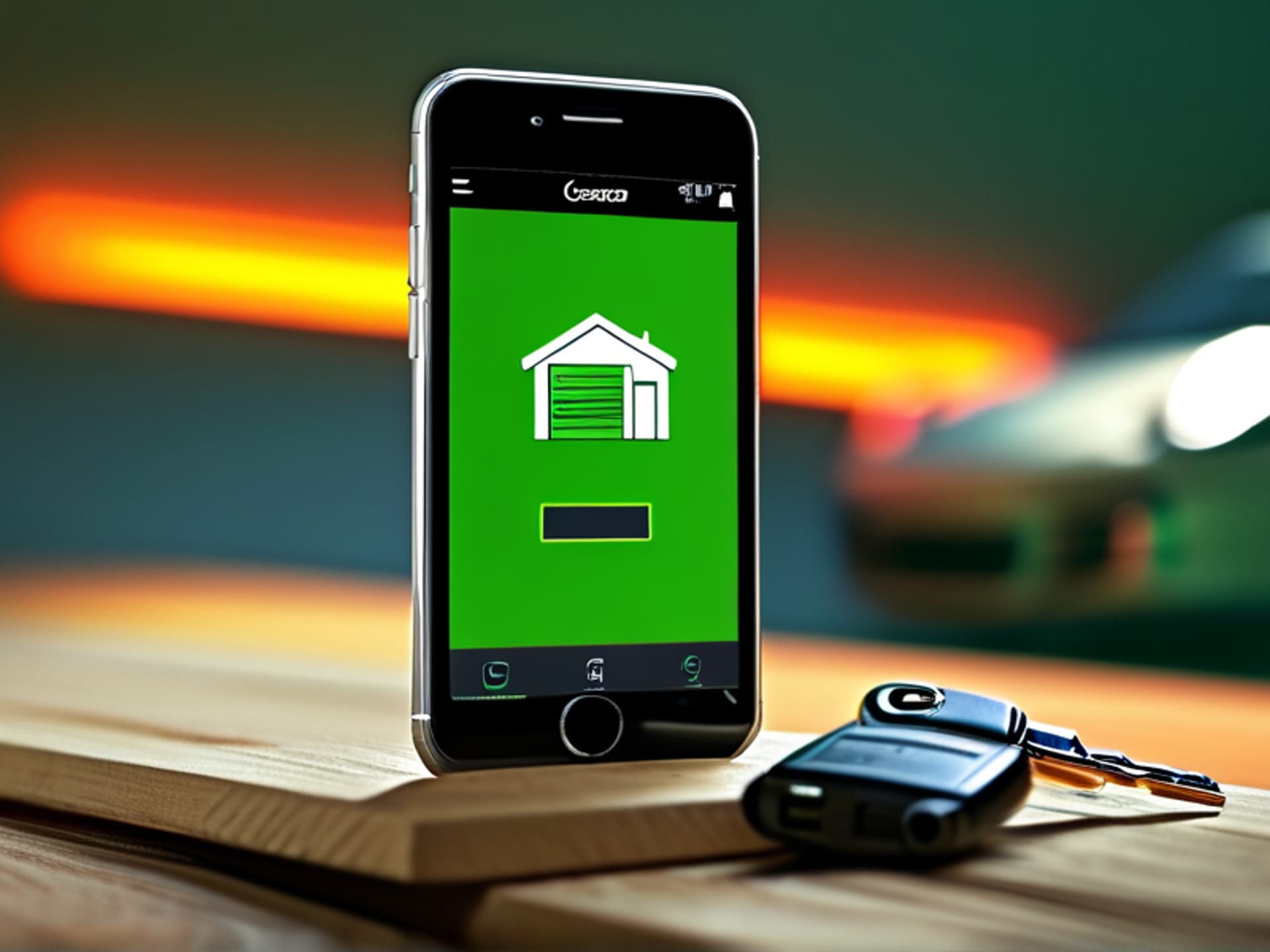 modern smartphone screen interface showing a simple 'Garage Door - CLOSED' status with a large green button, the phone sits on a wooden table next to car keys, shallow depth of field, trending on artstation, clean app design.