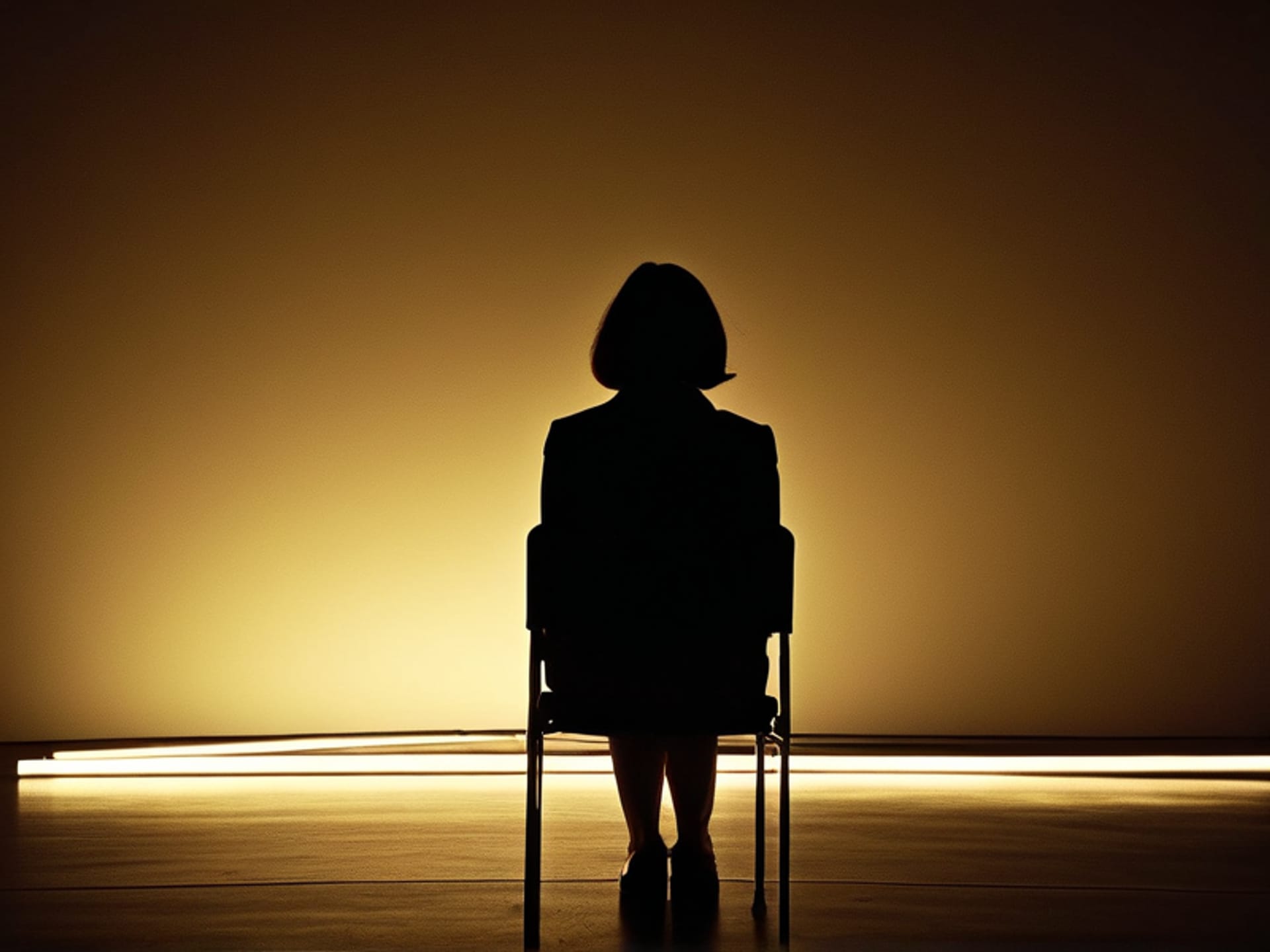studio light focused intensely on a single, uncomfortable person in a dark, empty auditorium, exaggerated perspective, metaphorical, moody shadows, psychological art --v 6.0