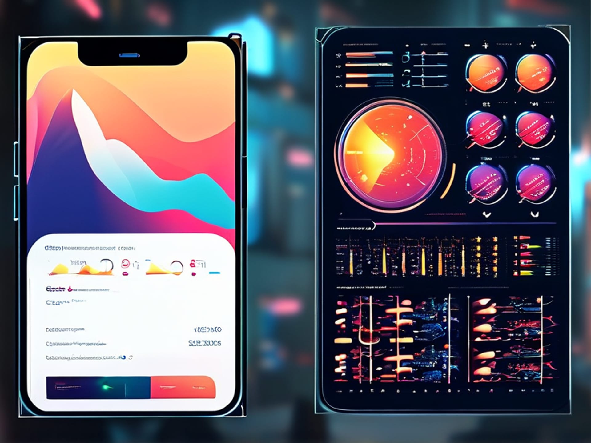 Midjourney Prompt: Split-screen image. Left: A sleek, uncluttered smartphone screen with three simple buttons on a pastel background. Right: A dense, futuristic control dashboard with dozens of glowing graphs, charts, and feeds. Clean vector illustration style --ar 16:9