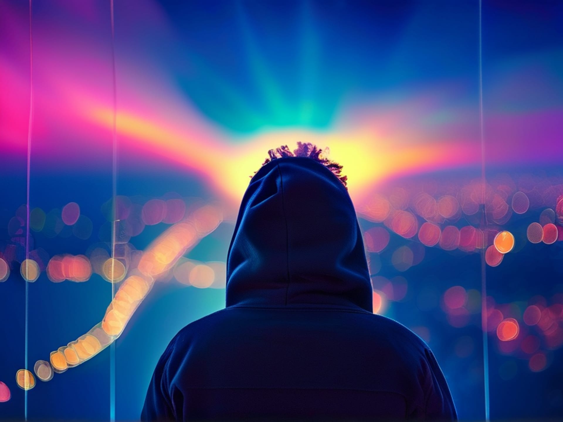 A person looking into a shimmering portal, on the other side is a vibrant, successful, hopeful version of themselves, photorealistic, hopeful atmosphere, dramatic backlighting --ar 16:9