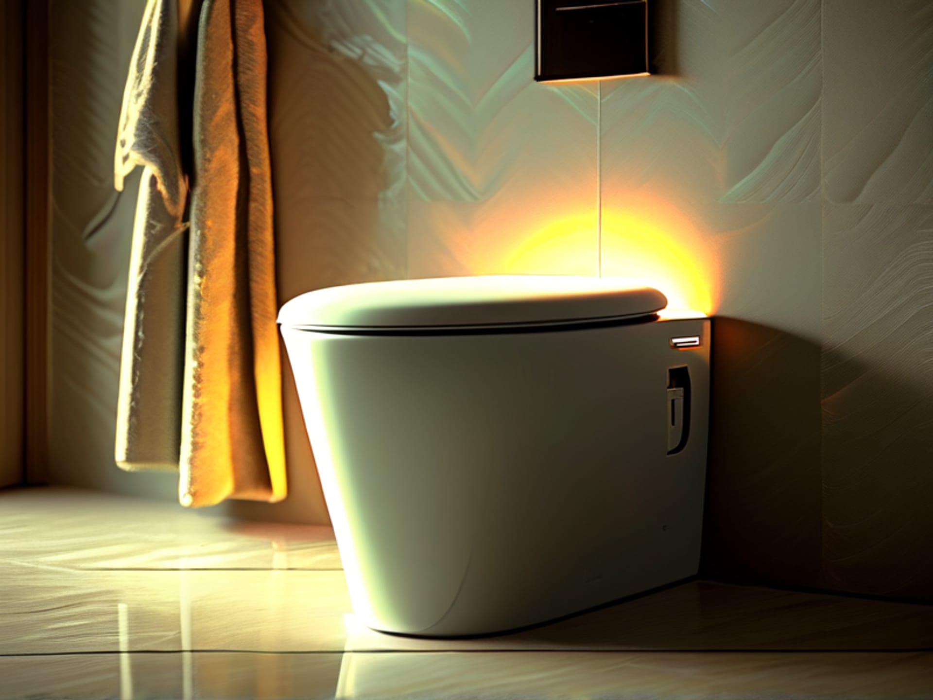 Midjourney Prompt: A cozy, intimate scene. Close-up on a luxurious, softly illuminated smart toilet seat with a gentle glow. The bathroom is warm and dimly lit. Soft, plush towels hang nearby. Cinematic lighting, shallow depth of field, warm tones, film grain --ar 4:5
