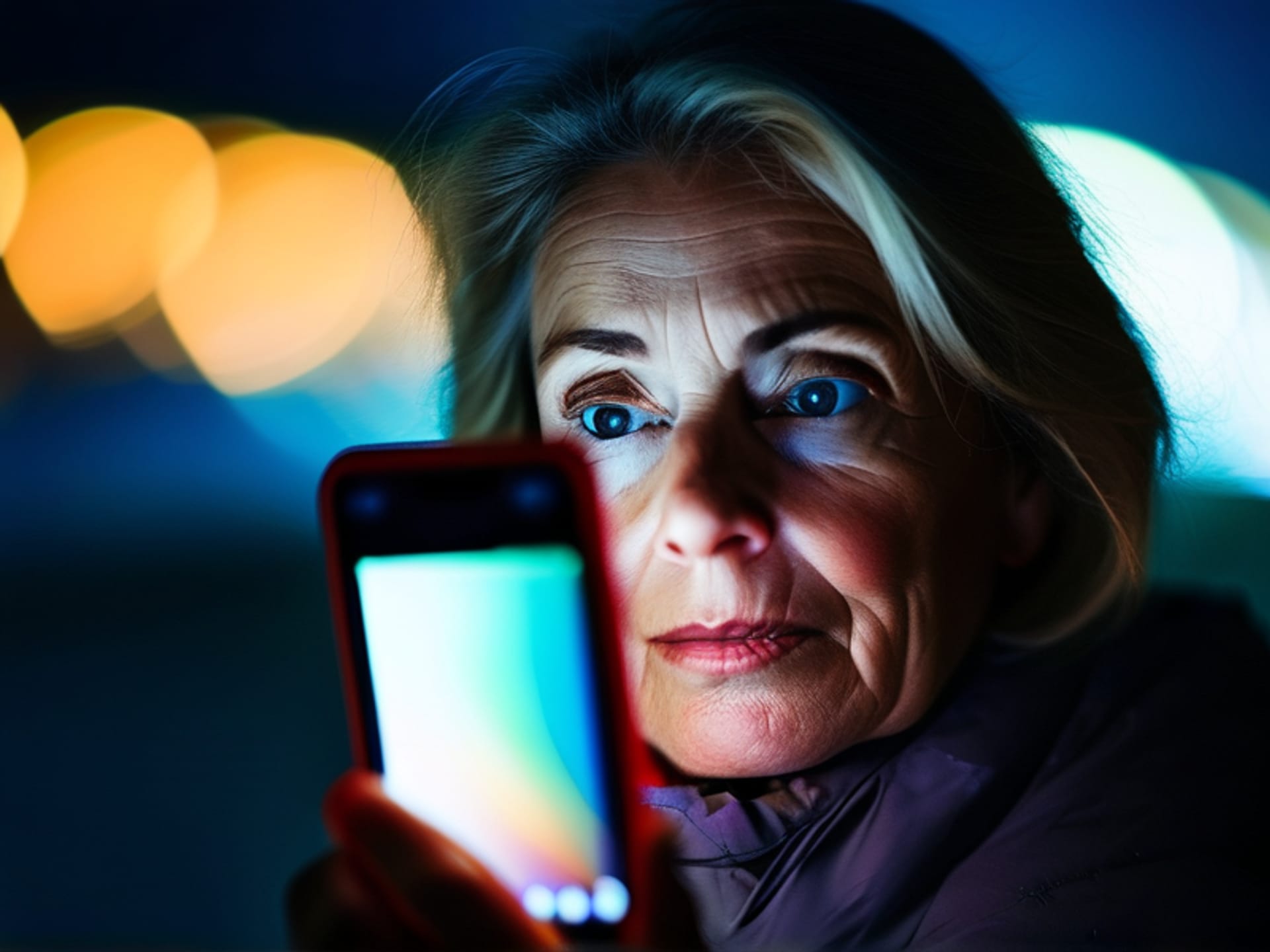 Emotional scene: A woman in her 40s, looking concerned, holds her glowing smartphone showing a 
