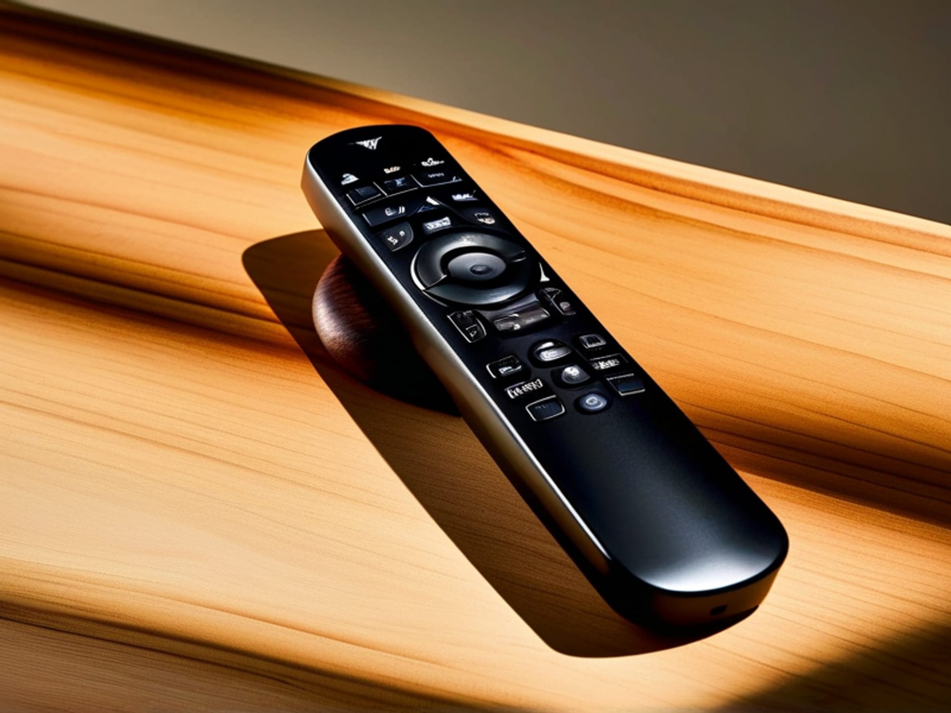 A stunning product shot of a single, premium universal remote on a minimalist walnut table. Soft, warm studio lighting highlights its ergonomic design and high-quality materials. The remote is angled perfectly. Clean background, focus on texture and form, ultra-detailed, modern product photography.