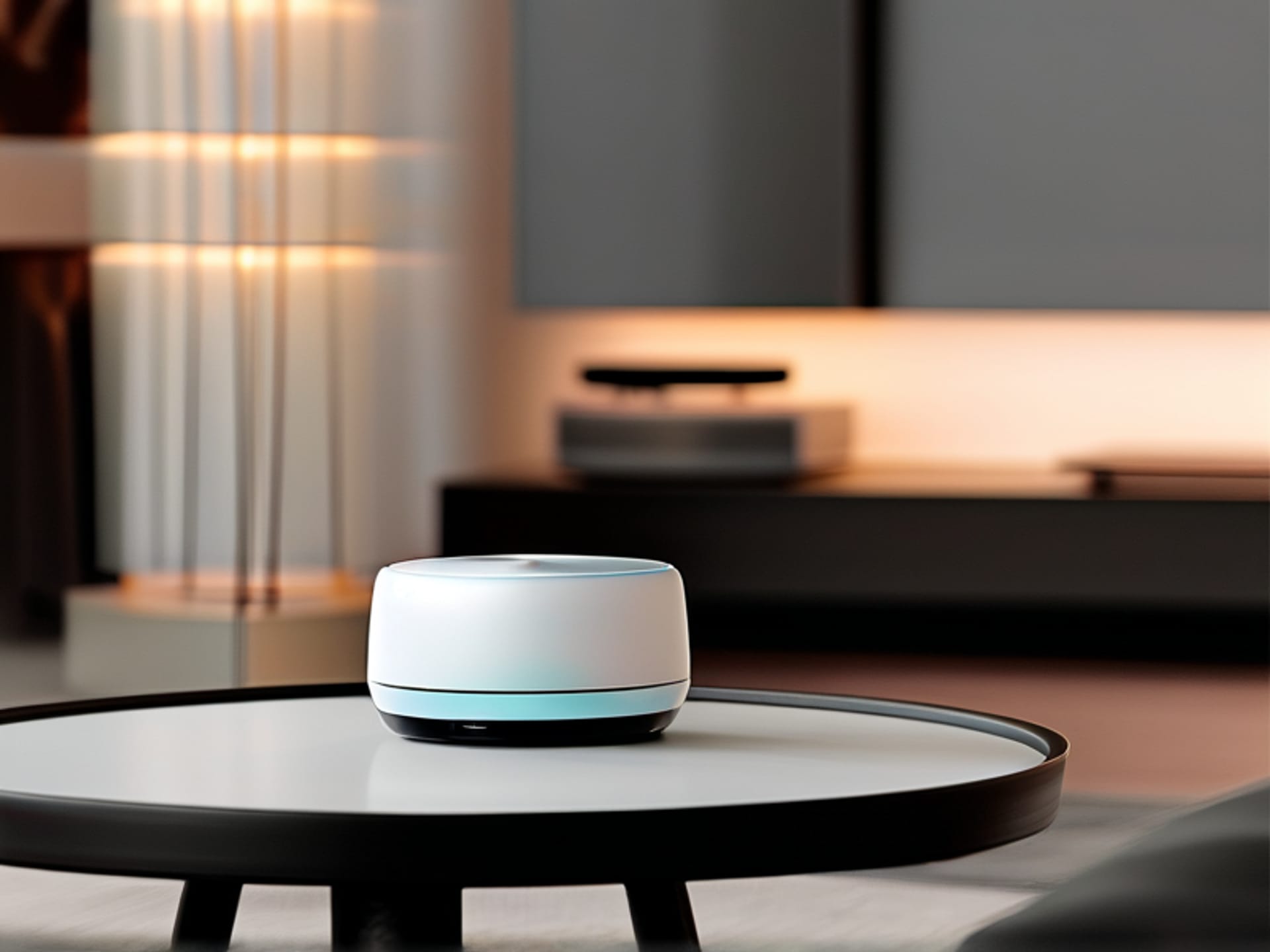 Modern interior shot. A glossy smart home hub sits centrally on a minimalist wooden side table. Elegant, soft light pulses from the hub's center, with stylized, shimmering lines of light flowing out to connect with a lamp, thermostat, and door lock. The effect is clean, magical, and orderly. Warm ambient light, cinematic composition.