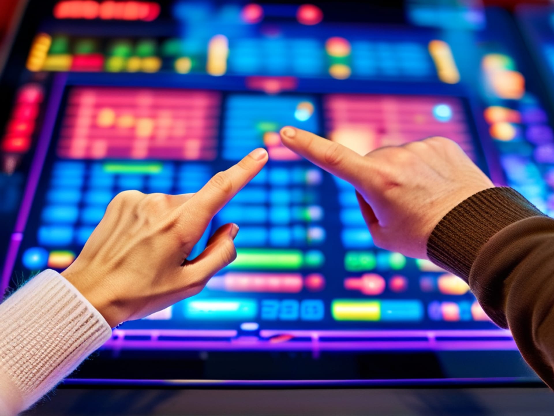 A dynamic overhead shot looking down on a smart display. On the screen, a colorful, exciting trivia game interface is visible, showing a question and multiple choice answers. Two senior hands, one slightly wrinkled and another more youthful, are poised as if to 'buzz in' and tap the screen simultaneously. The image captures a moment of playful competition.
