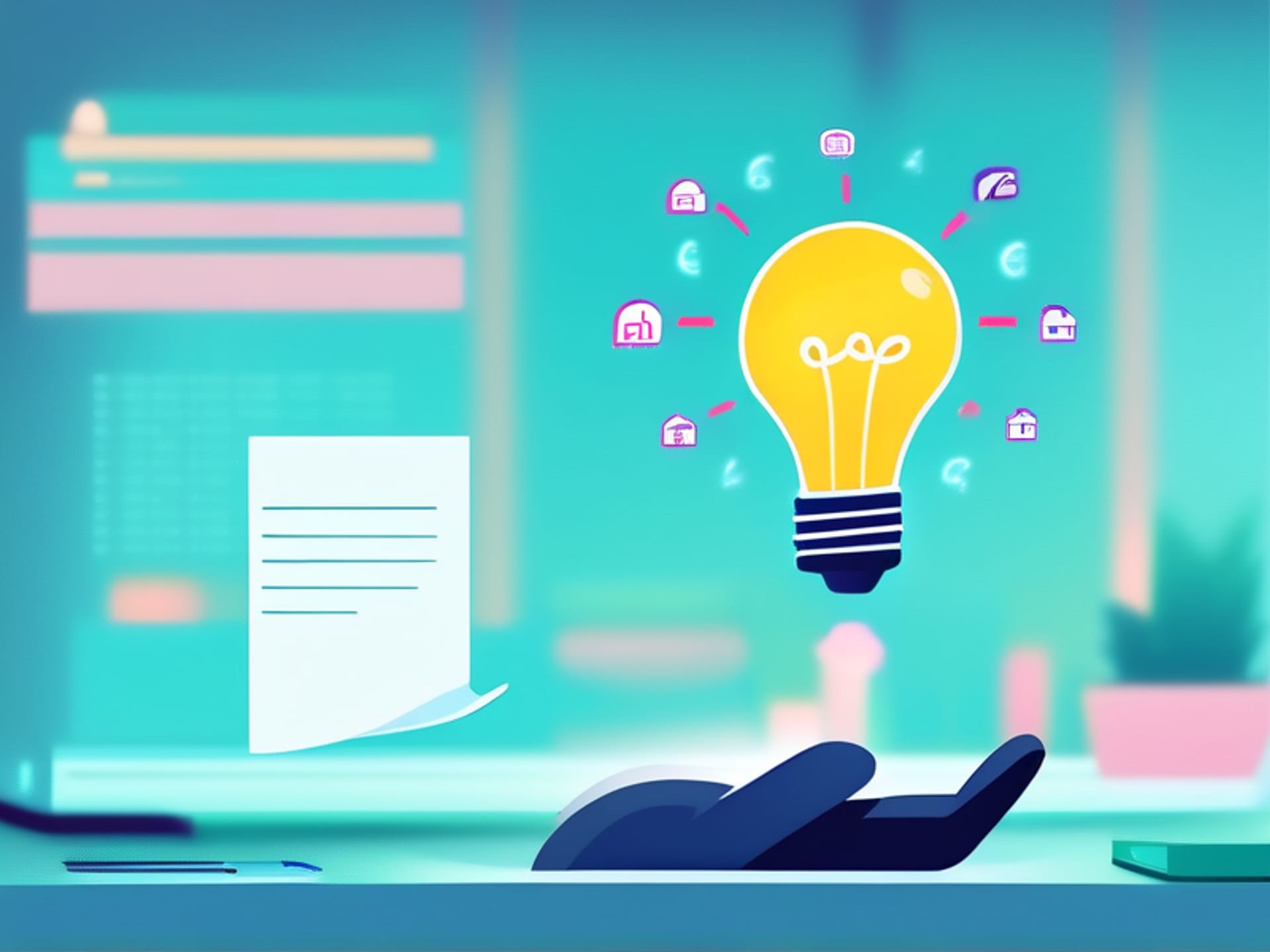 AI art prompt: YouTube keyword research for beginners. A visual metaphor: a hand holding a simple 'What do people...' sticky note, with a lightbulb covered in question marks floating above it. The background is a clean digital workspace. Flat illustration style, vibrant, minimal.