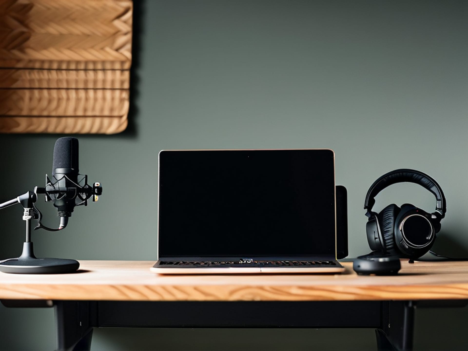 A simple wooden desk with only three items: a modern laptop, a webcam on a small tripod, and over-ear headphones with a microphone boom. Clean, minimalist, focused composition. Studio lighting, sharp focus.