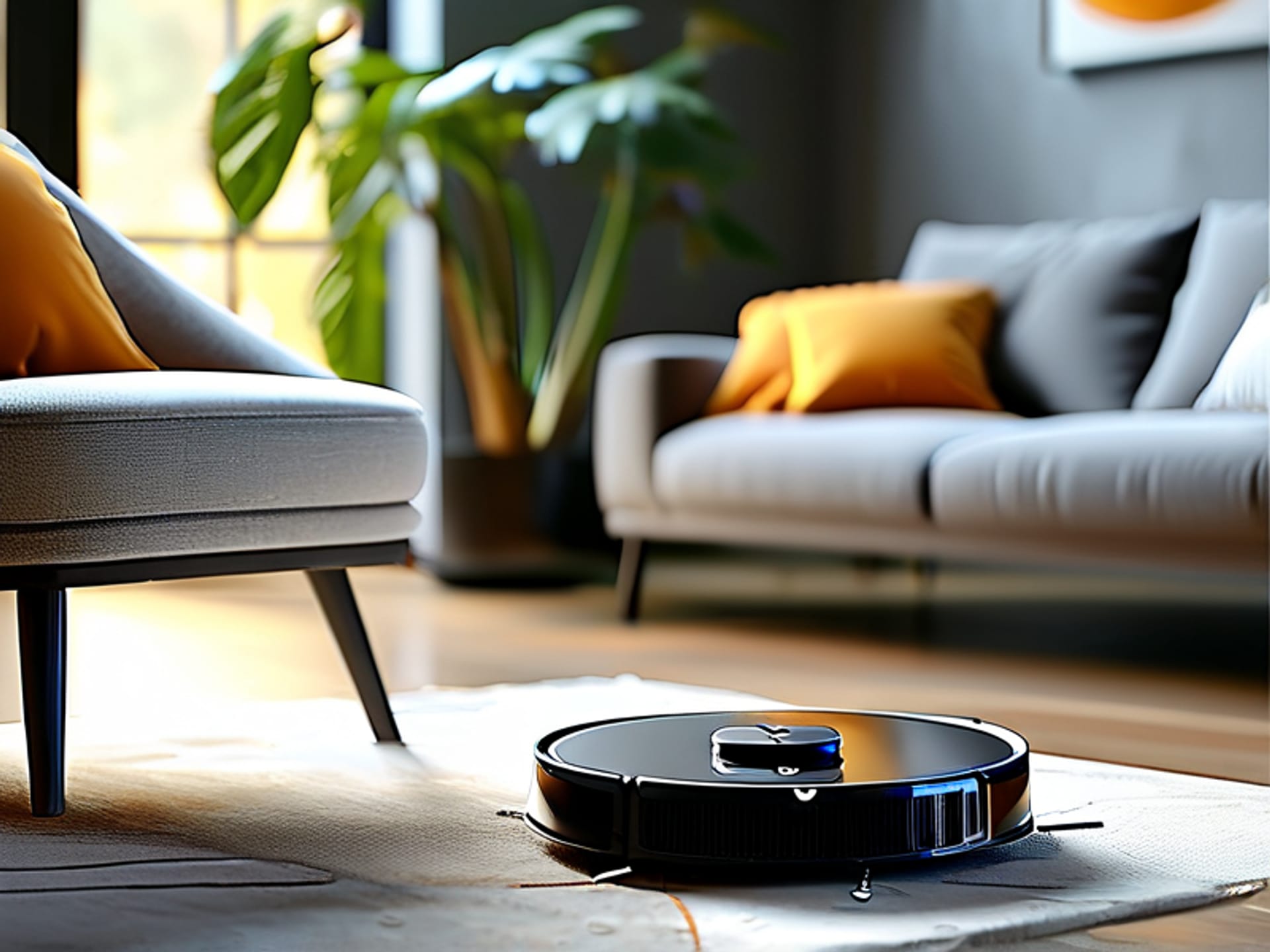 Midjourney prompt: A sleek, modern robot vacuum navigating flawlessly around a chair leg in a tidy living room, shot from a dramatic low angle, dynamic motion blur on wheels, clean lines, high-tech aesthetic, soft studio lighting