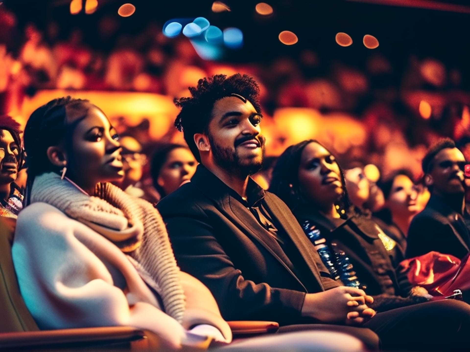 Midjourney Prompt: A mid-shot of a diverse audience listening to a speech. Some faces show bright, concentrated expressions, looking directly at the camera/speaker. Others have glazed-over or distracted looks. Cinematic lighting, sharp focus on the eyes of one engaged listener, candid photography style. --ar 16:9