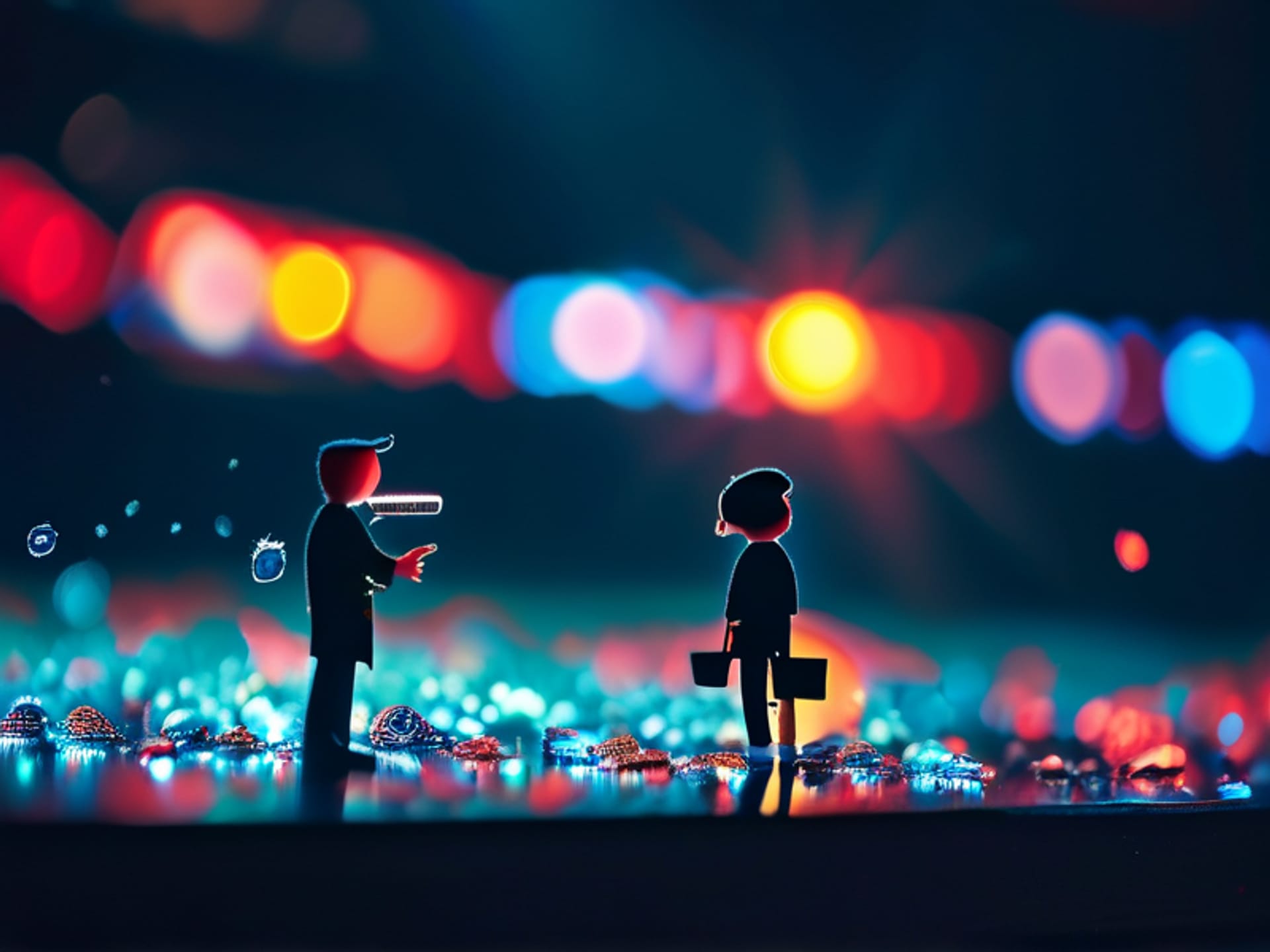 Midjourney AI prompt for image: A person on a spotlighted stage viewed through a shattered camera lens, each shard focusing on a tiny perceived flaw: a hand gesture, a blink, a bent note card. Concept art style. --ar 16:9