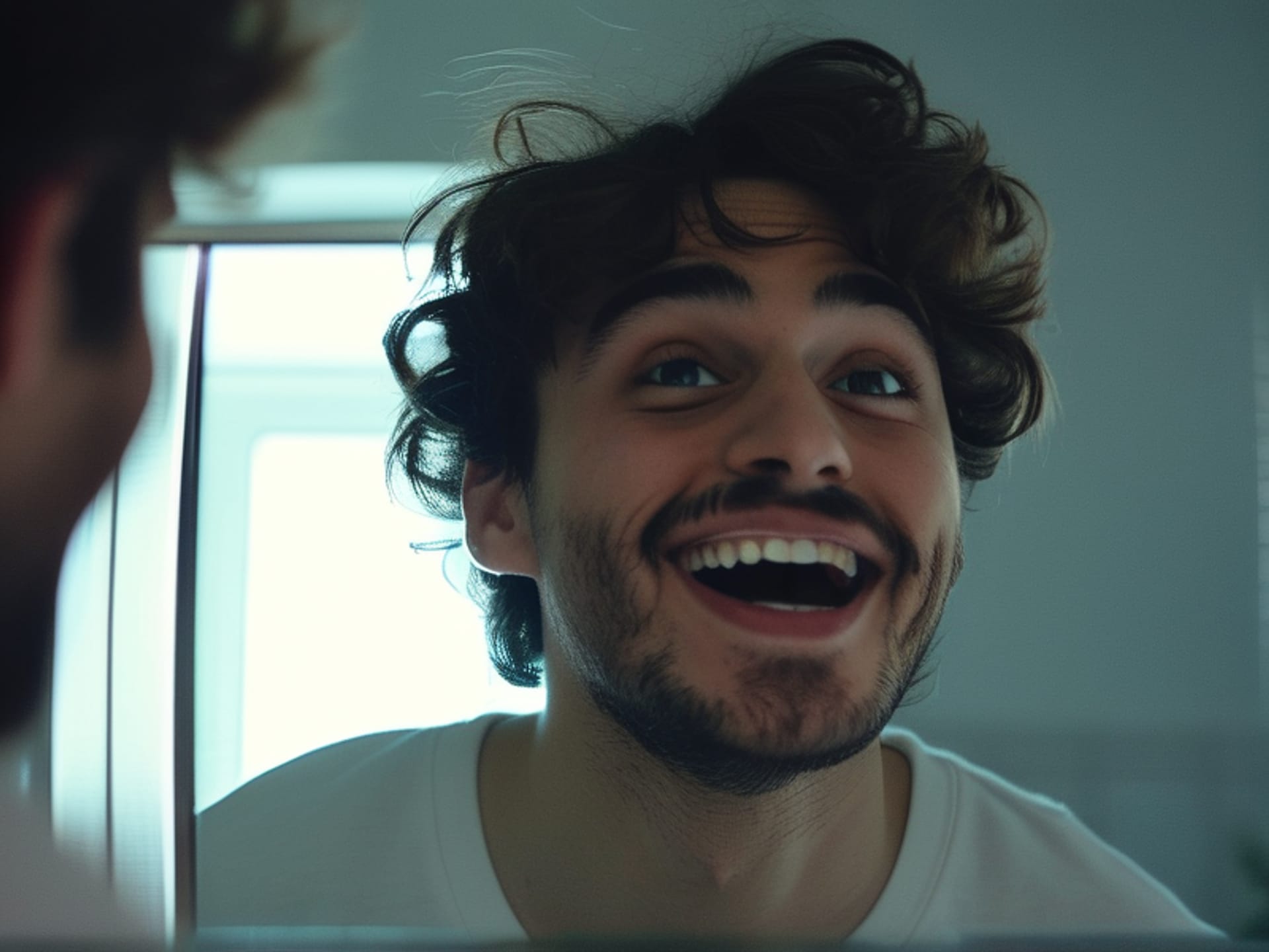 person practicing a speech in a well-lit bathroom mirror, mid-action with a slight smile, reflection is clear, morning light from a window, cinematic feel, realism photography --ar 16:9