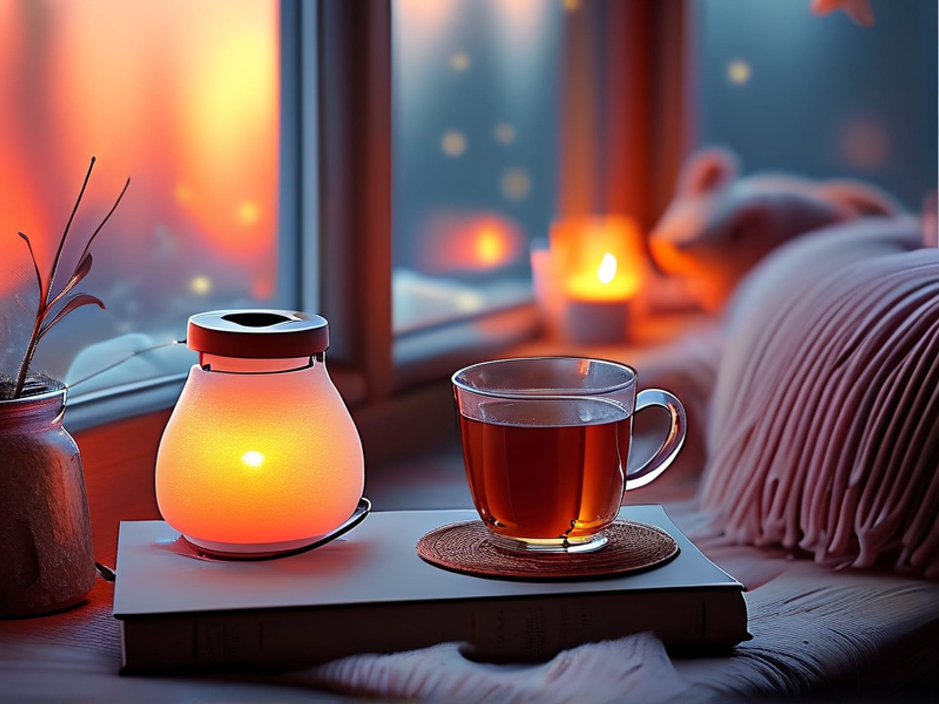 Midjourney Prompt: A cozy living room corner at sunset. A smart bulb glows with a warm, soft orange/pink hue, casting gentle gradients on a book and a cup of tea. Soft focus, dreamy, peaceful atmosphere --ar 4:3 --s 250
