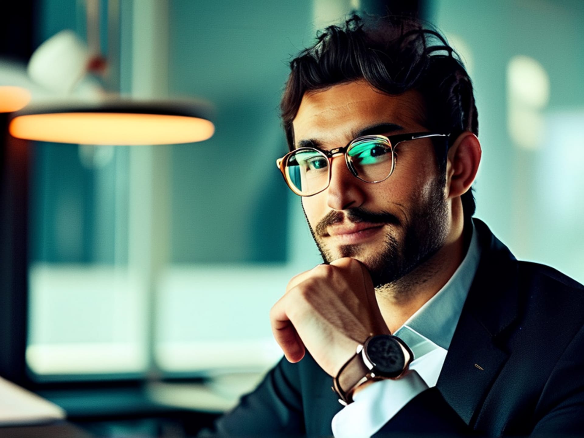 Midjourney prompt: professional business setting, a man in glasses looking directly at the camera with calm confidence, hand on chin, slightly admitting expression, clean modern office background, soft ambient light, sharp focus on eyes, kodak portra 400 style --ar 16:9