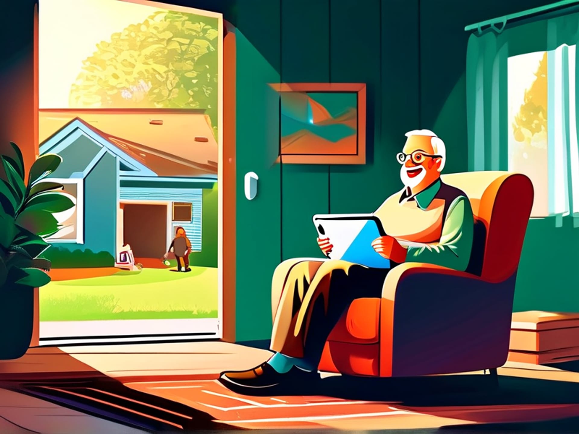 Warm, cozy living room, a smiling elderly man sits comfortably in a recliner, holding a simple tablet that shows a crystal-clear live video feed of a friendly delivery person at his front door, afternoon light, realistic --ar 16:9