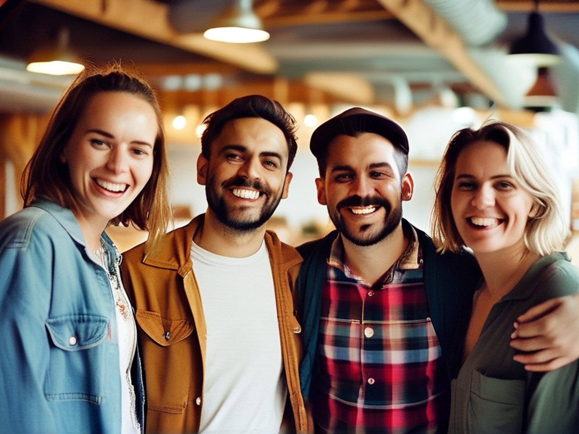 A diverse small group of 5-6 adults in casual clothes, standing in a circle in a bright, modern workshop space. They are laughing, one person has just told a funny story, hands are gesturing. The scene is full of natural warmth and connection. Cinematic style, 50mm lens, Kodak Portra 400 film aesthetics.