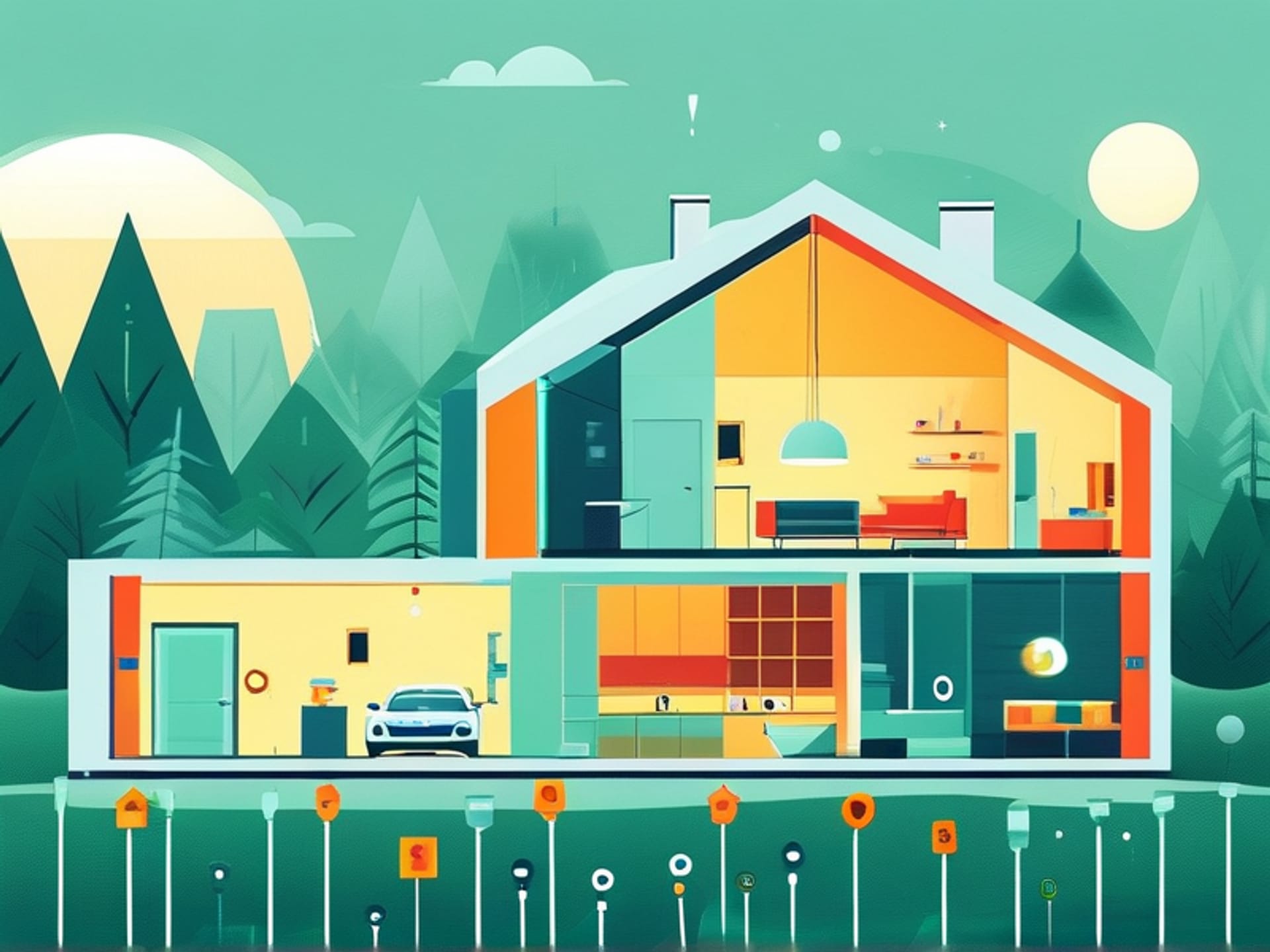 Minimalist, informative diagram showing a cutaway of a modern family home, tiny glowing sensors placed in high-risk zones: under sinks, behind the toilet, by the water heater, next to the washing machine. Arrows point to each. Clean vector art, safety infographic style, soft colors --w 1200 --h 800