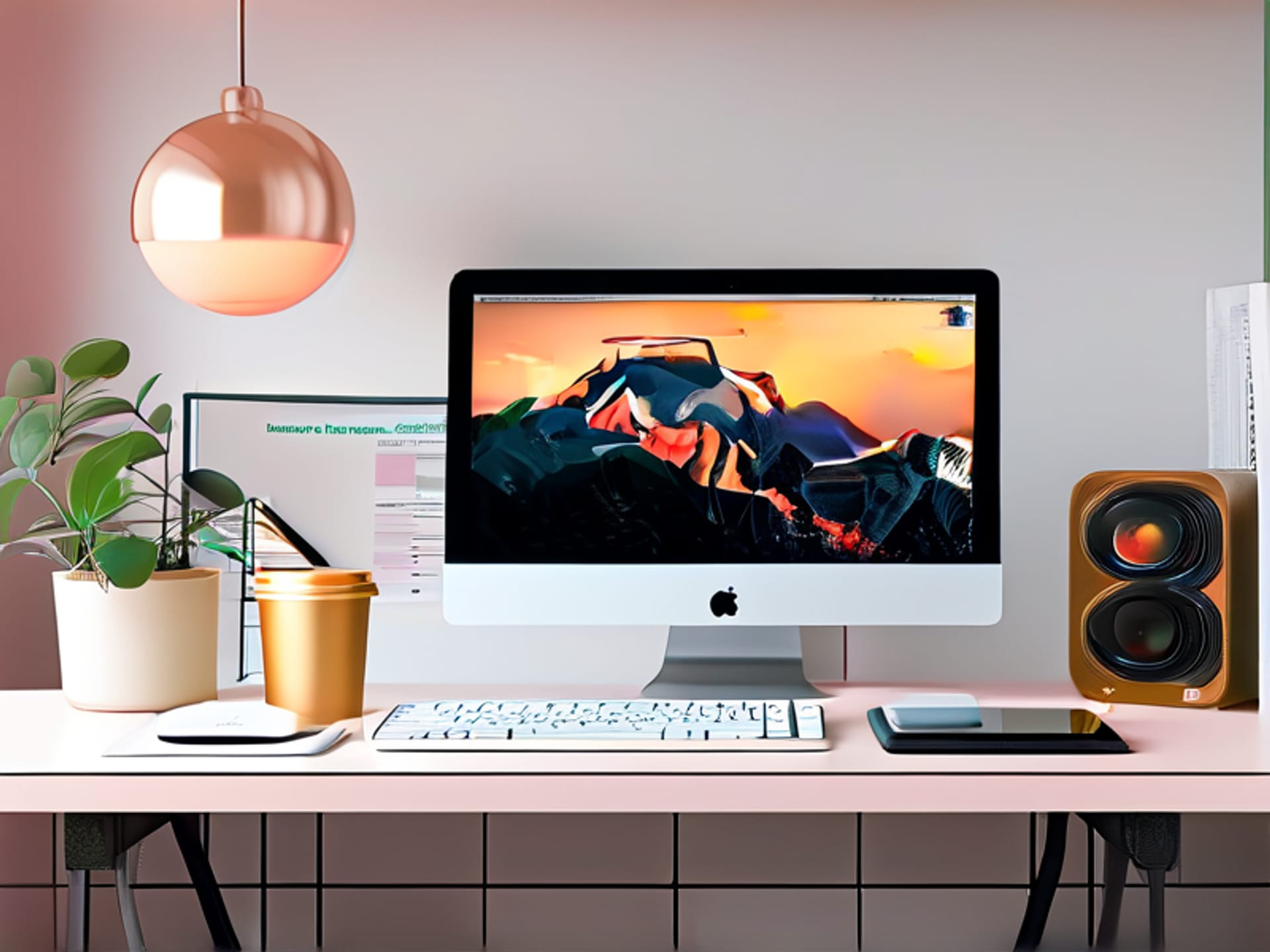 A clean, minimalist flat lay of a Gen Z workspace: Adobe Creative Cloud and Final Cut Pro icons on a laptop screen, a Canva Pro tab open, a Spotify playlist titled 'Deep Focus' visible. Soft, bright lighting, overhead shot.