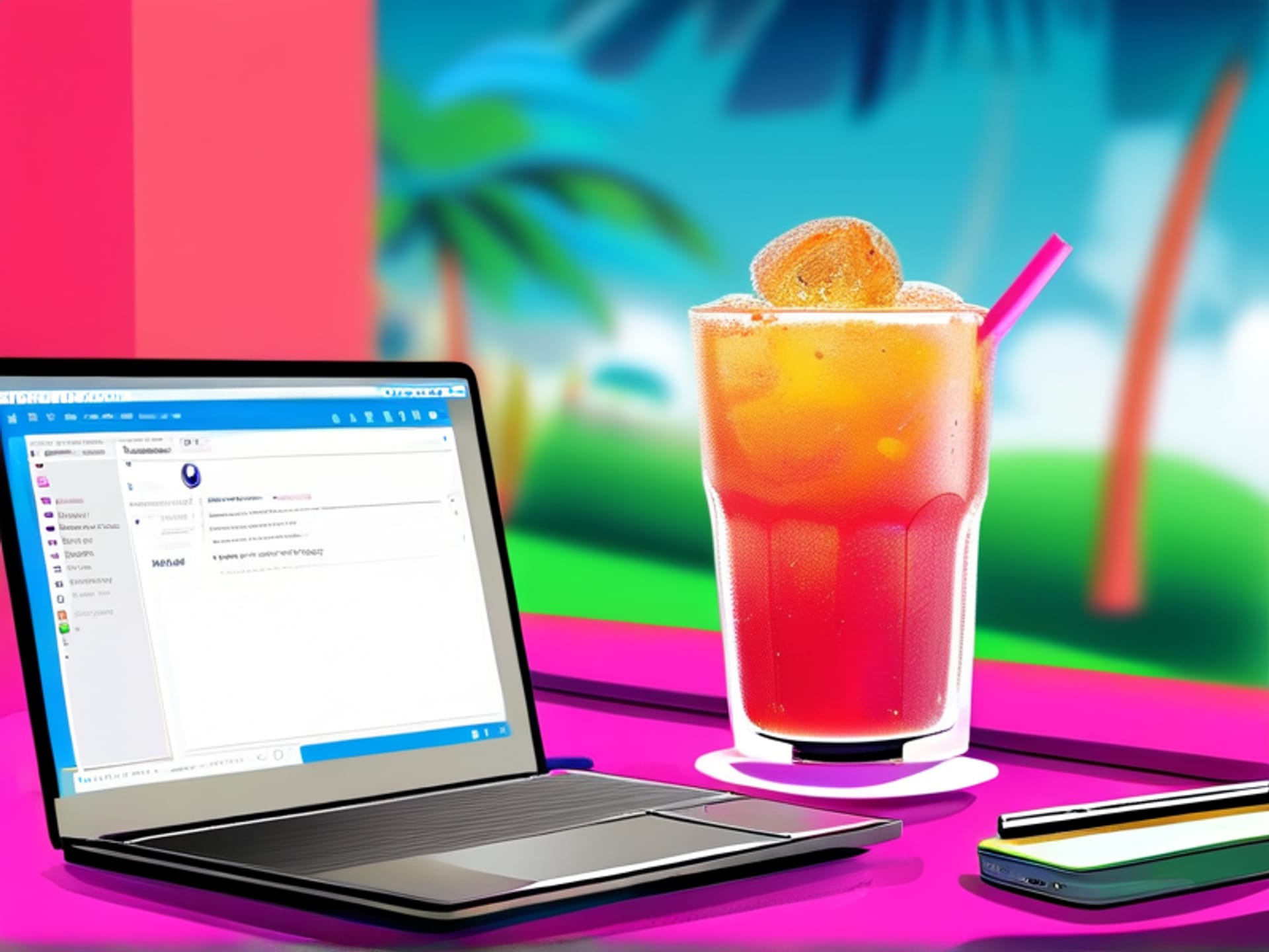 Vibrant, fun social media post mockups floating around a laptop screen, a colorful trendy drink sits beside it, energetic pop art style, joyful, --ar 16:9 --style raw