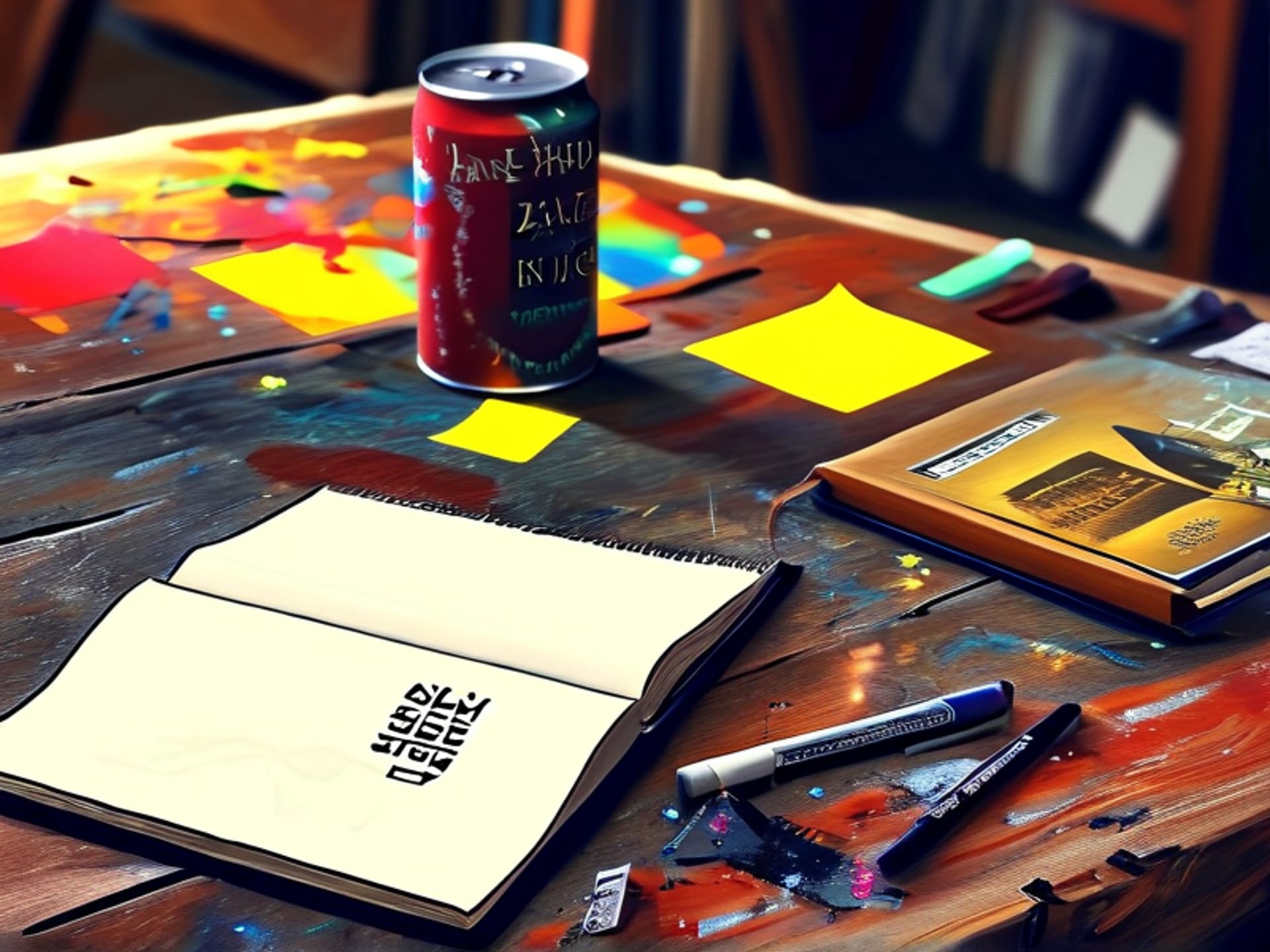 Midjourney/SD Prompt: A rugged, marked-up copy of 'Jab, Jab, Jab, Right Hook' by Gary Vaynerchuk on a wooden workbench. Colorful sticky notes and a notebook with messy, handwritten strategies are visible. --style raw --ar 16:9 --v 6.0