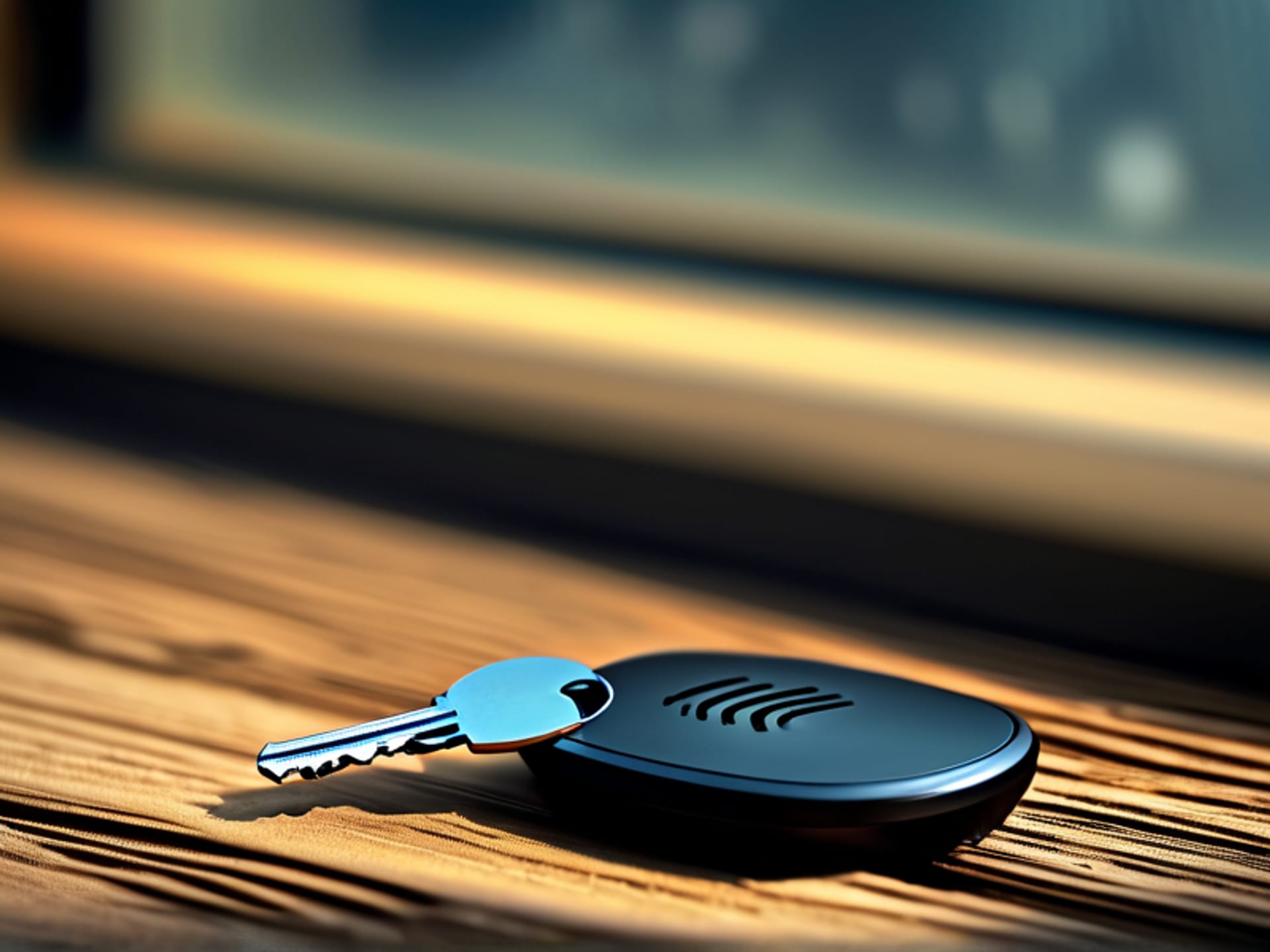 hyperrealistic still life, a rustic wooden table next to a modern smart lock, a single metal key lying abandoned and blurry in the background, focus on the sleek keypad and fingerprint scanner of the lock, morning light streaming through a window --ar 16:9