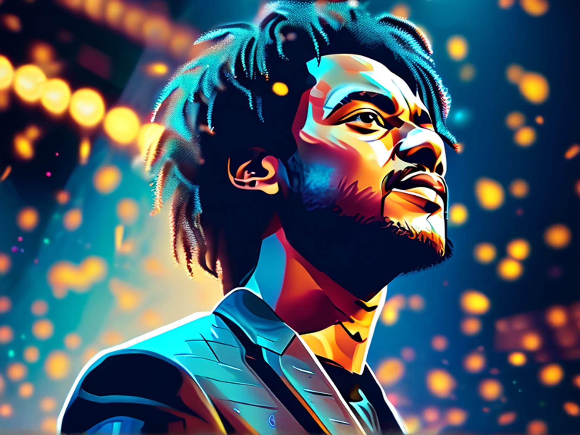 Stylized digital artwork of a confident speaker on stage. A faint, cool blue aura surrounds them, while faint, abstract golden sparkles fall from their shoulders. Focus on a calm, focused expression. Style: Concept art, semi-realistic, vibrant, with particle effects.