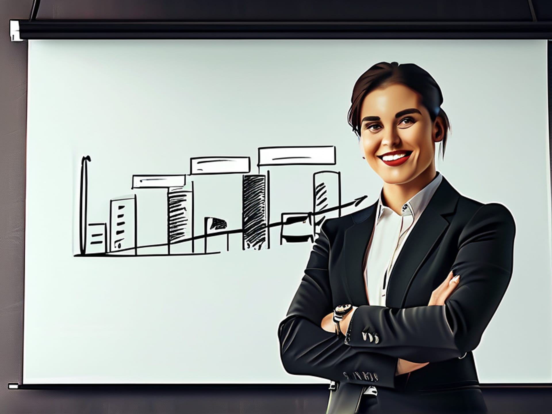 Visual metaphor: a strong, confident professional stands at a whiteboard. Instead of charts, a clear, simple story arc is drawn: 'Situation -> Complication -> Action -> Resolution.' The professional points confidently at 'Action.' Hyper-realistic, cinematic lighting, Hasselblad medium format detail.