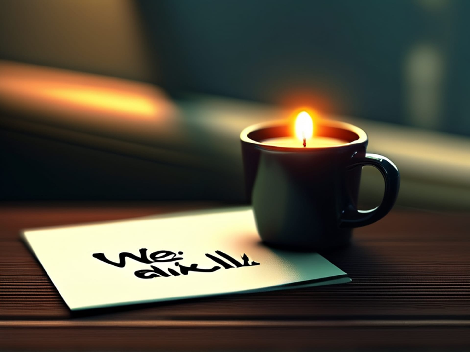 cinematic still life, a minimalist desk with a single sticky note that reads 'We hit a wall. Here's our plan.' next to a coffee mug, moody lighting, shallow focus, symbolism of clarity over clutter --ar 4:3