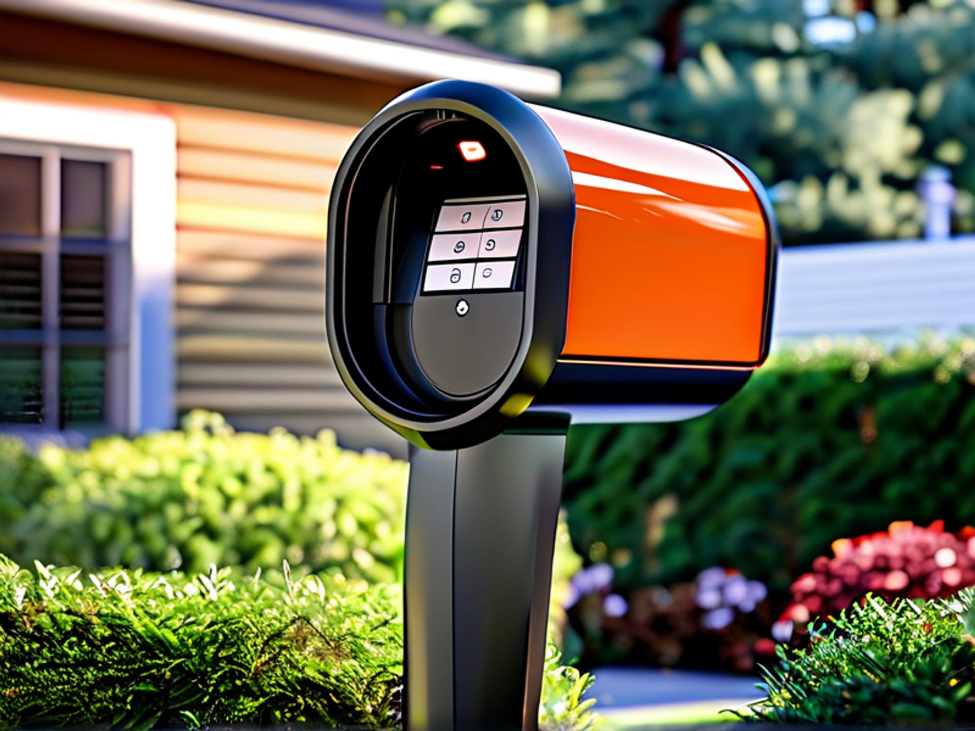 A sleek, modern smart mailbox, possibly an iPostal1 model, installed in place of a traditional roadside mailbox. It has a digital keypad and weather-resistant metal construction. Bright daylight, hyper-realistic product detail. Background is a neat suburban home.