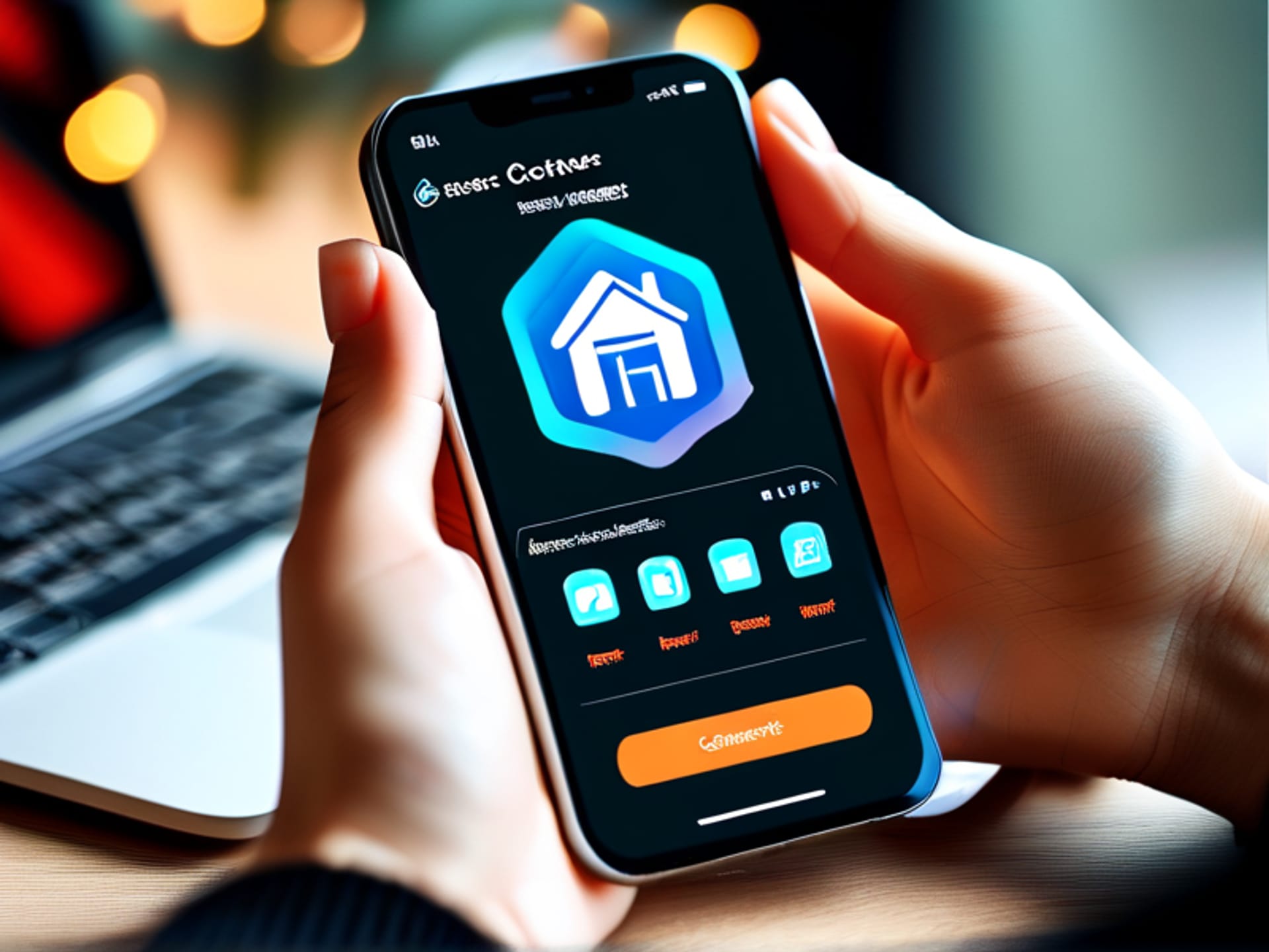 Stable Diffusion prompt: A close-up of a person’s hands setting up a smartphone screen showing a smart home app interface, with an 'Emergency Contact' option highlighted. Visual style: crisp, modern interface close-up, shallow depth of field. --ar 1:1