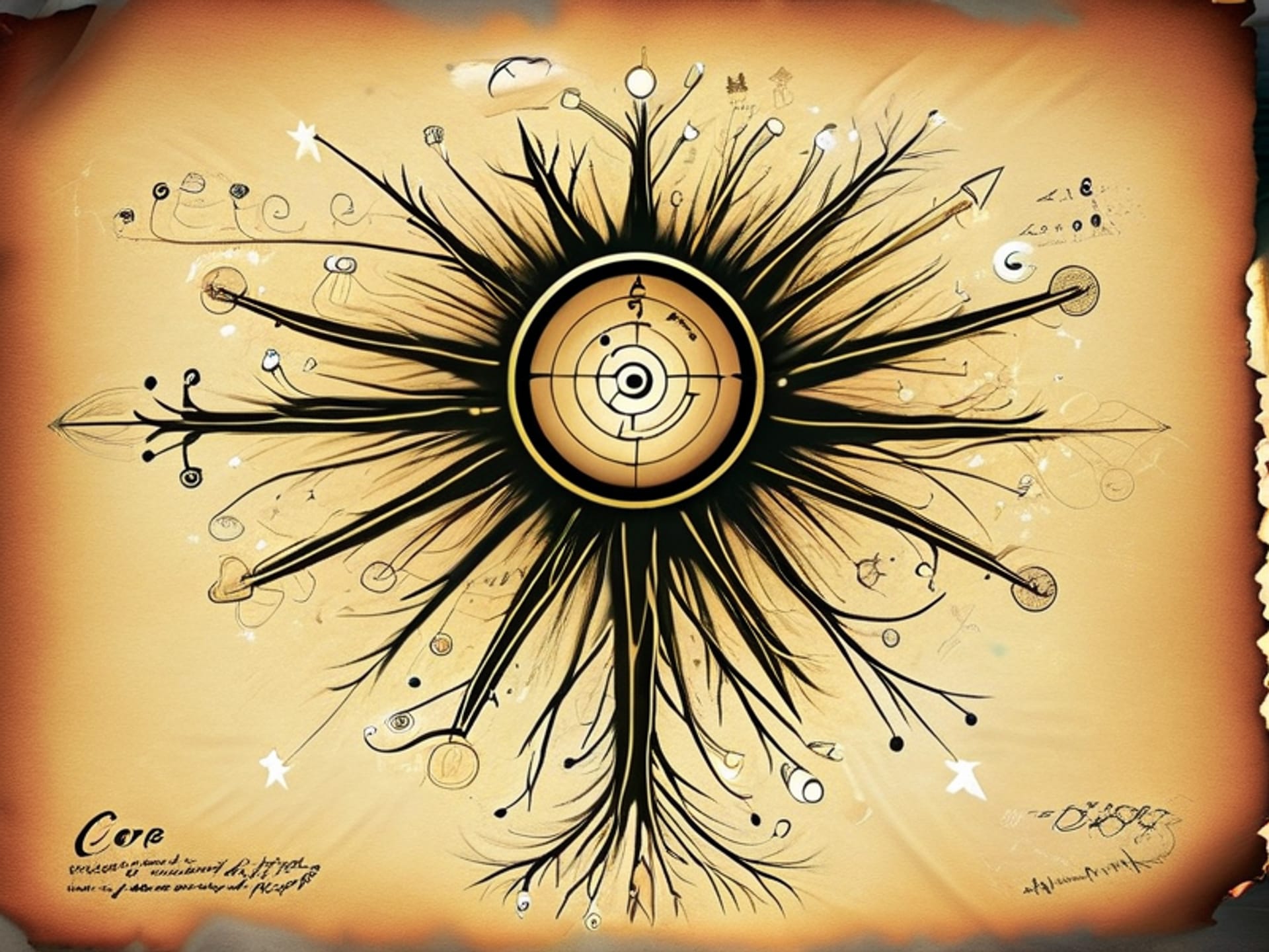 Stable Diffusion Prompt: A simple elegant mind map on aged paper, a central circle reads 'Core Point', with 5 distinct branches radiating out, each with a simple icon (lightbulb, chart, laughing face, etc), fine ink lines, shallow depth of field --ar 16:9