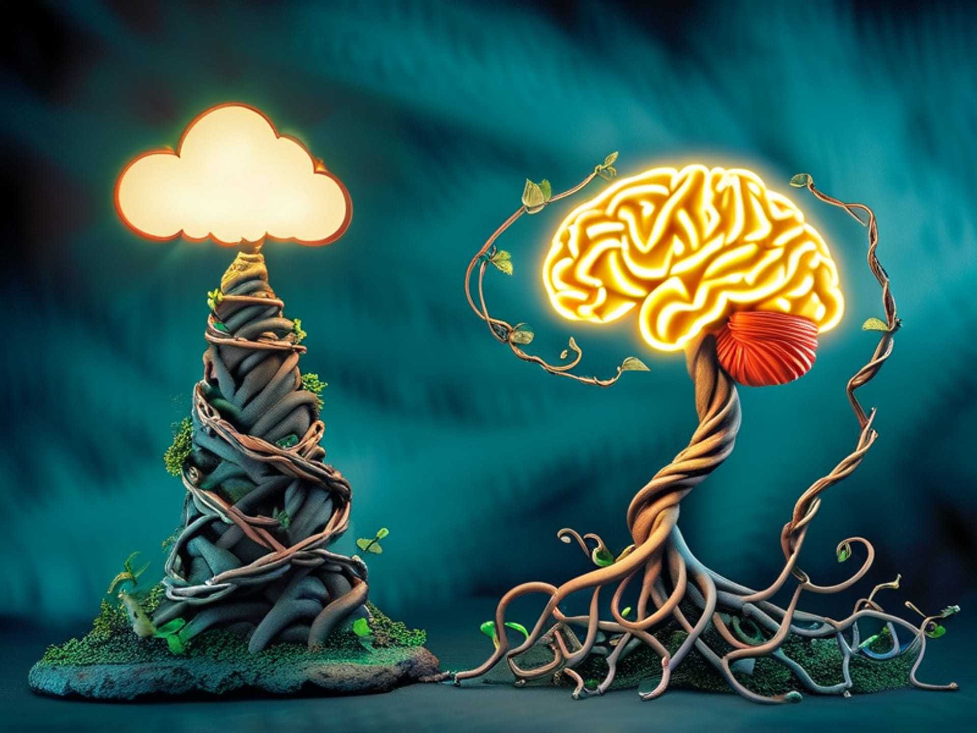 Two mindsets visualized: one is a rigid, locked statue made of bronze. The other is a tangled, messy, growing brain made of vines and light bulbs. Claymation style, whimsical yet profound