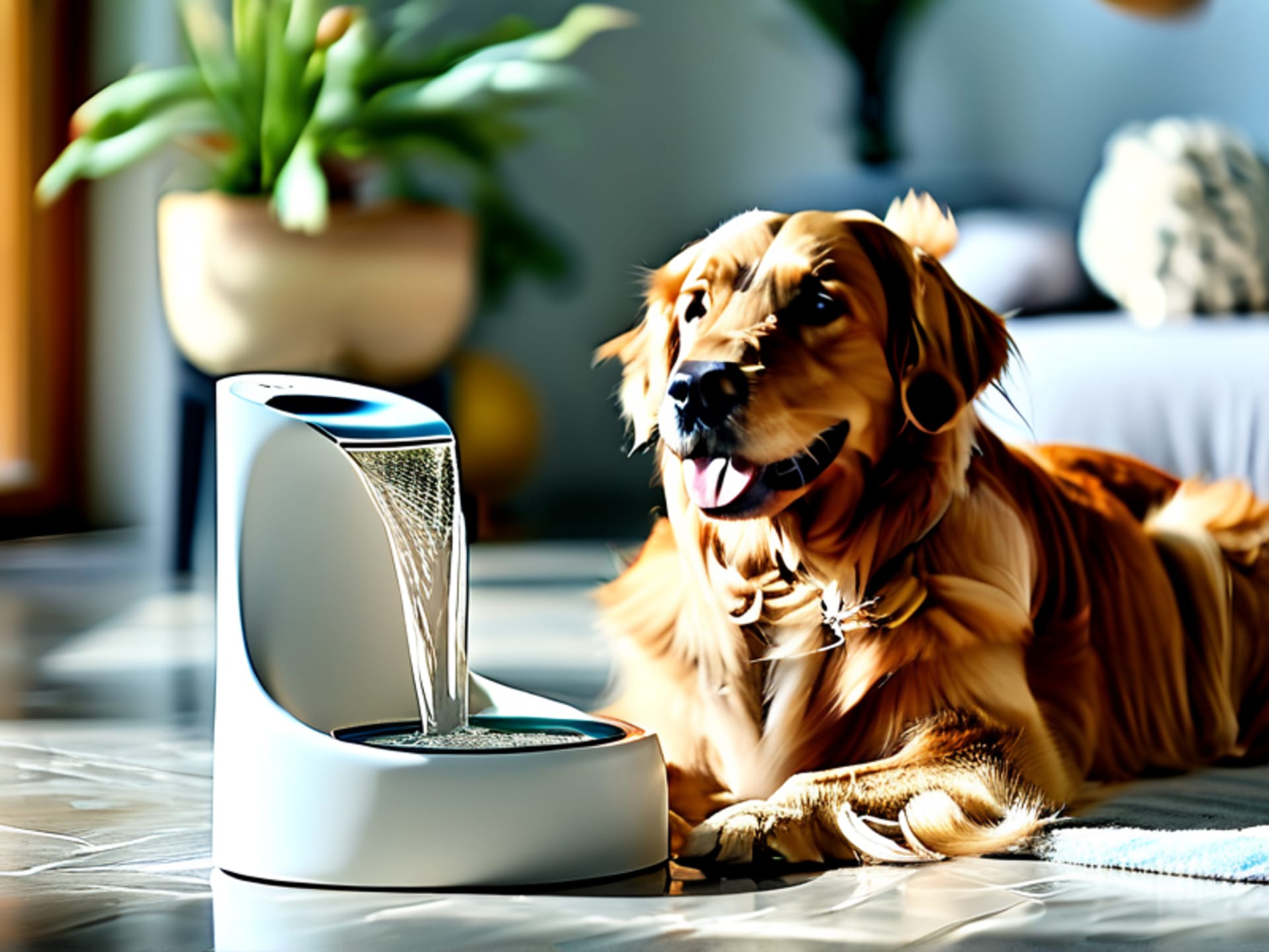 Midjourney prompt: A happy, healthy-looking golden retriever drinks from a modern, elegant ceramic pet water fountain. Water cascades in a gentle, inviting stream. The fountain is on a tiled floor in a bright, clean sunroom. The dog appears relaxed and content. Style: Photorealistic, clean and crisp, high-end product shot, natural light.