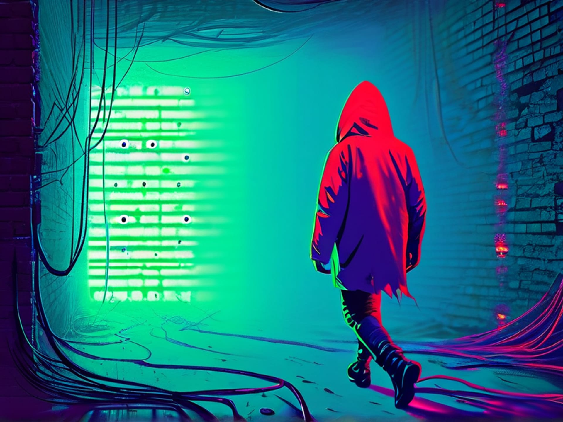 concept art, digital vulnerability, a translucent, ghostly figure representing a hacker is easily walking through the weak digital 'brick wall' of an old home router, the wall is crumbling and full of holes, glowing data streams, dark background, cyberpunk aesthetic --ar 16:9