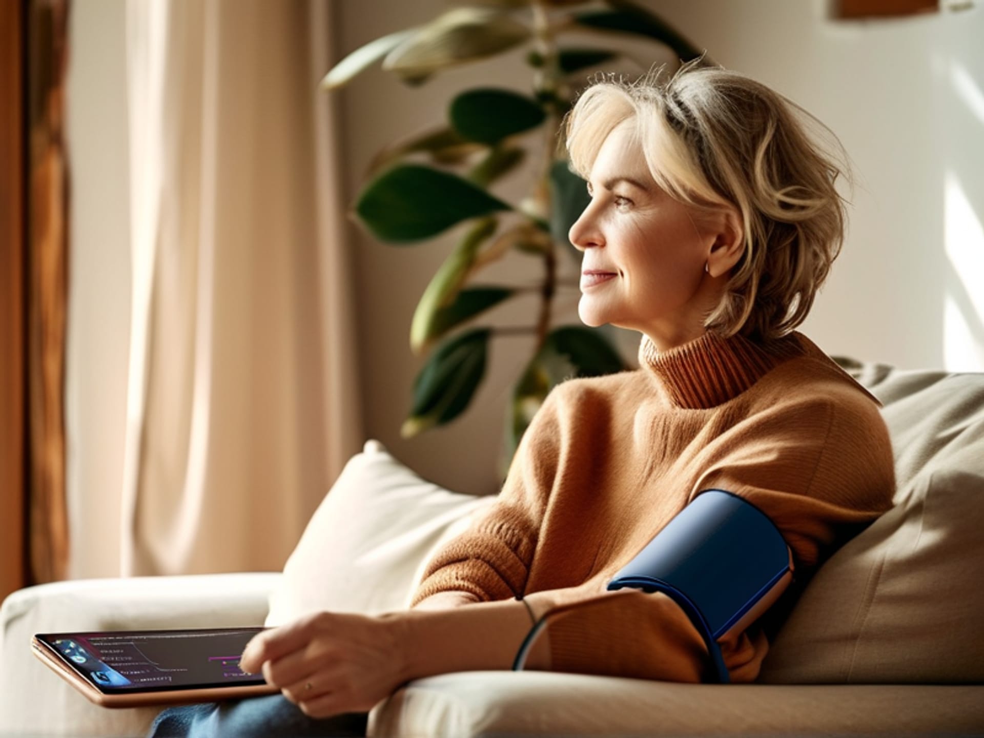 Midjourney Prompt: A woman in her late 50s, looking relieved and relaxed, sits on her living room sofa with a smart blood pressure cuff on her arm. The digital reading on the monitor is clearly visible. On a smart tablet next to her, a beautifully designed app dashboard displays a steady, healthy graph of her readings over the past month. Style: Cozy, candid lifestyle photography. Warm, natural morning light. Focus on her expression and the clean data visualization. Photo-realistic. --ar 16:9