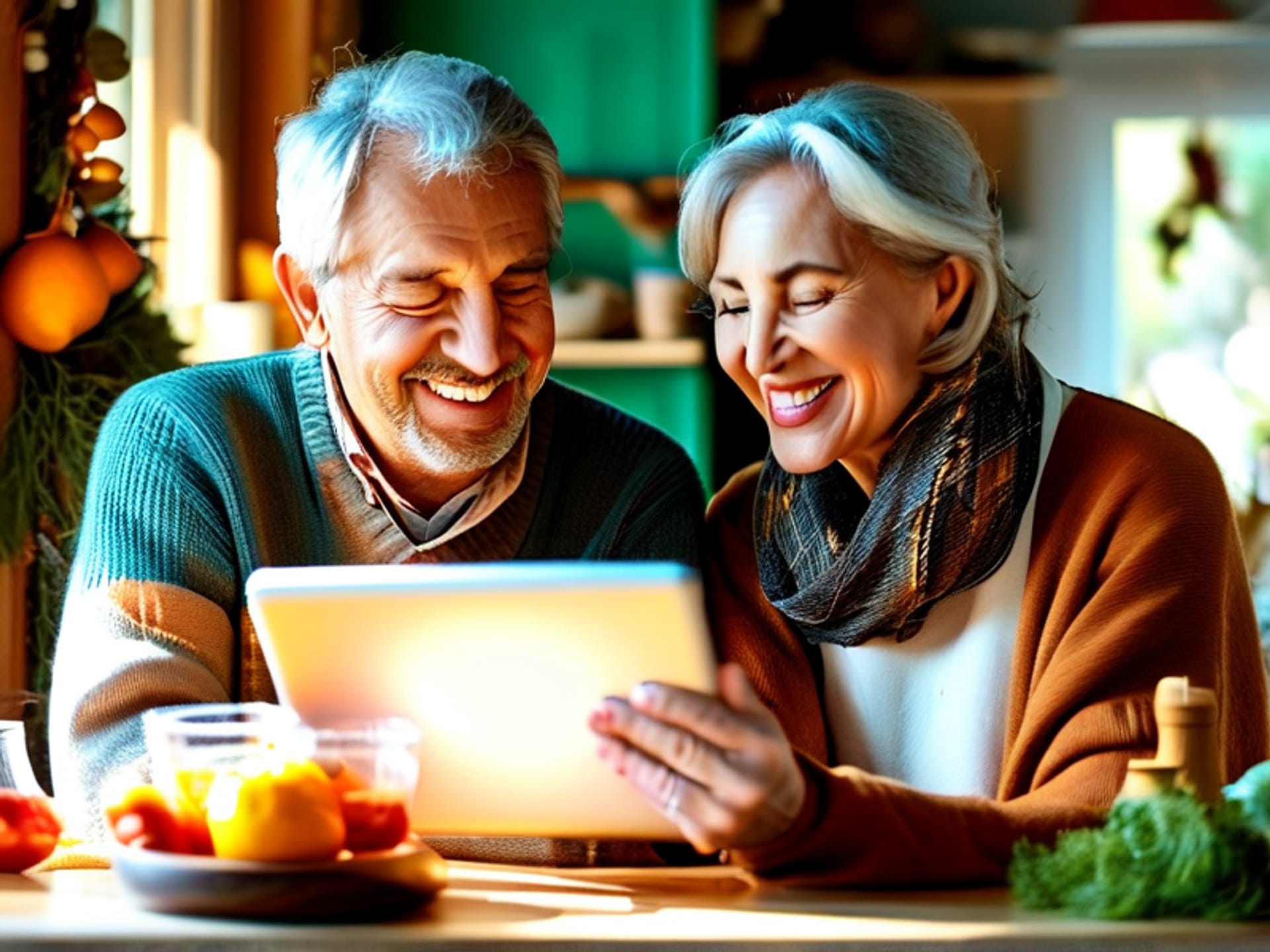 Midjourney Prompt: A happy senior couple in a cozy, sunlit kitchen looking at a large tablet displaying a bright, simple-to-read recipe app interface. Fresh vegetables on the counter. Warm, inviting atmosphere, lifestyle photography. --ar 16:9