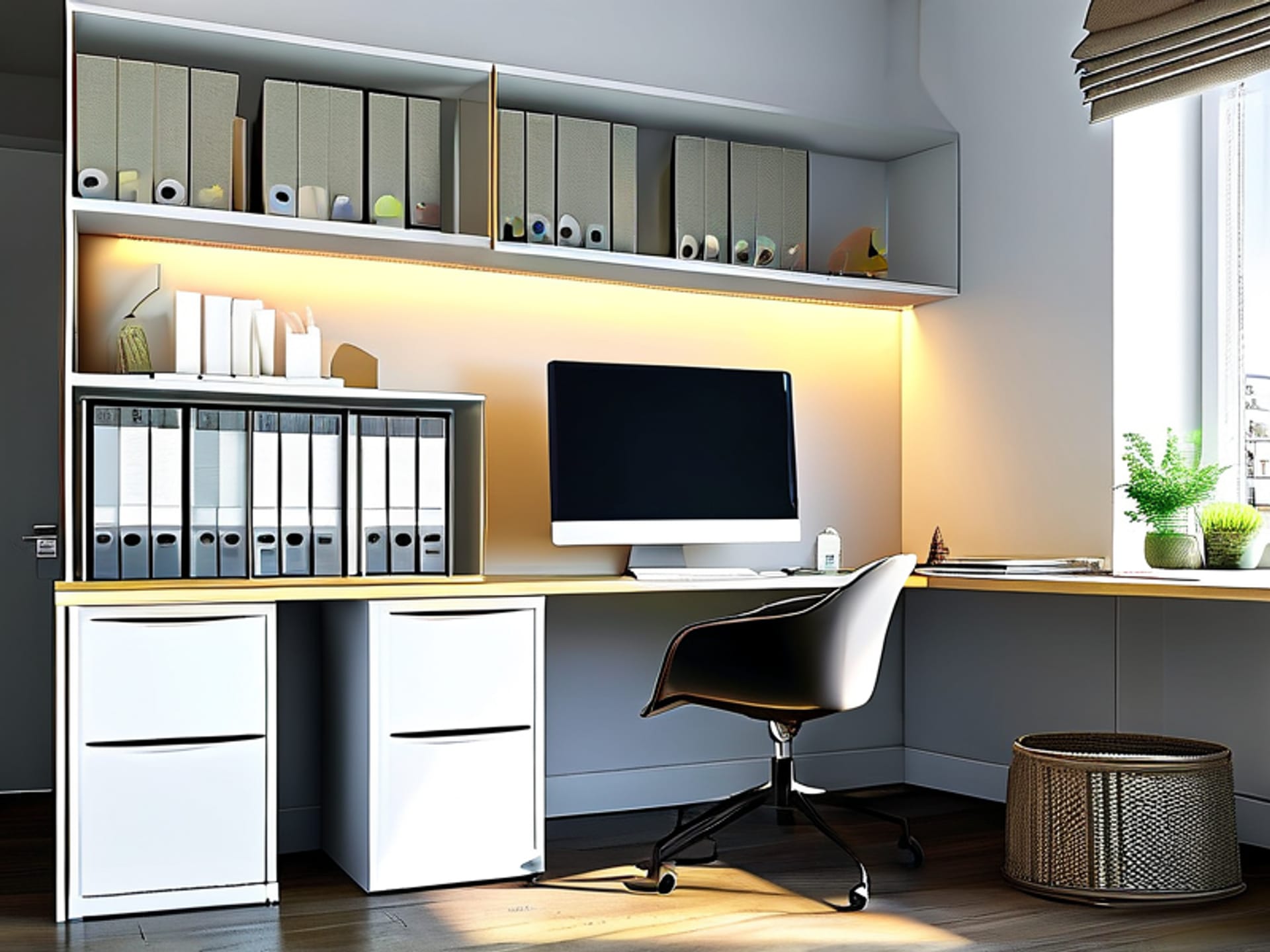 A dedicated, bright home office nook in a modern apartment. A clean desk, monitor, filing cabinet. The room is clearly separated from the living area. Clean, minimalist, professional aesthetic, photorealistic --ar 16:9
