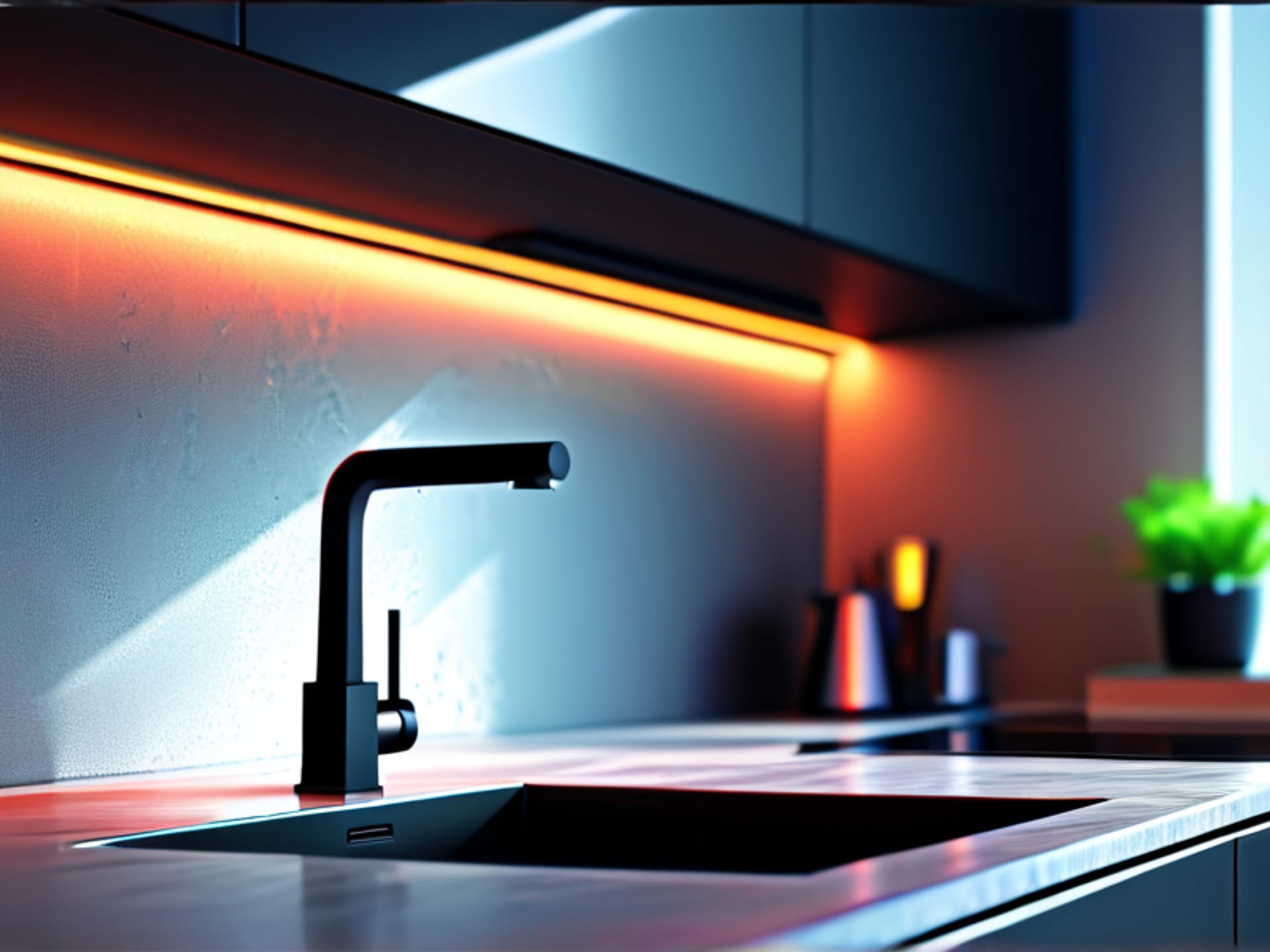 [Midjourney/SD Prompt: A digital illustration, slightly stylized. A sleek, minimalist water sensor (like a Flo by Moen) is discreetly placed under a modern kitchen sink. From its POV, we see animated, glowing water lines tracing the plumbing throughout the wall, with a digital 