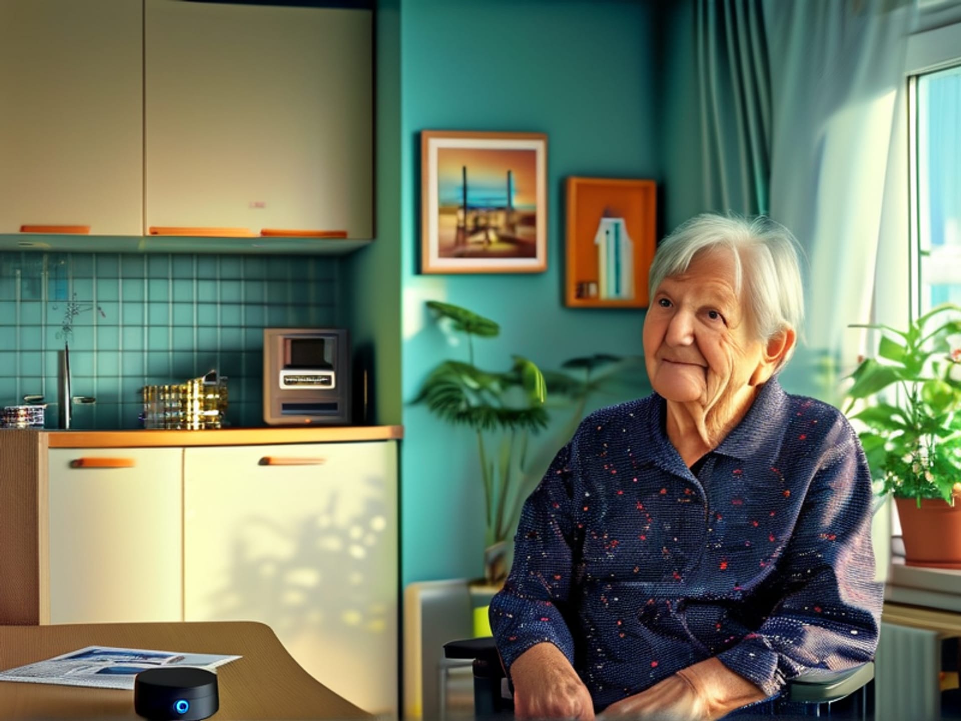 ARTIFICIAL THINK - Passive Senior Monitoring, a wide-angle shot inside a bright, tidy senior apartment. A small, unobtrusive contact sensor is visible on a kitchen cabinet door, and a motion sensor is tucked high in a corner. The decor is personal, with framed family photos. Shot from a slightly elevated angle, clean design, photorealism --v 6.0 --style raw --ar 16:9