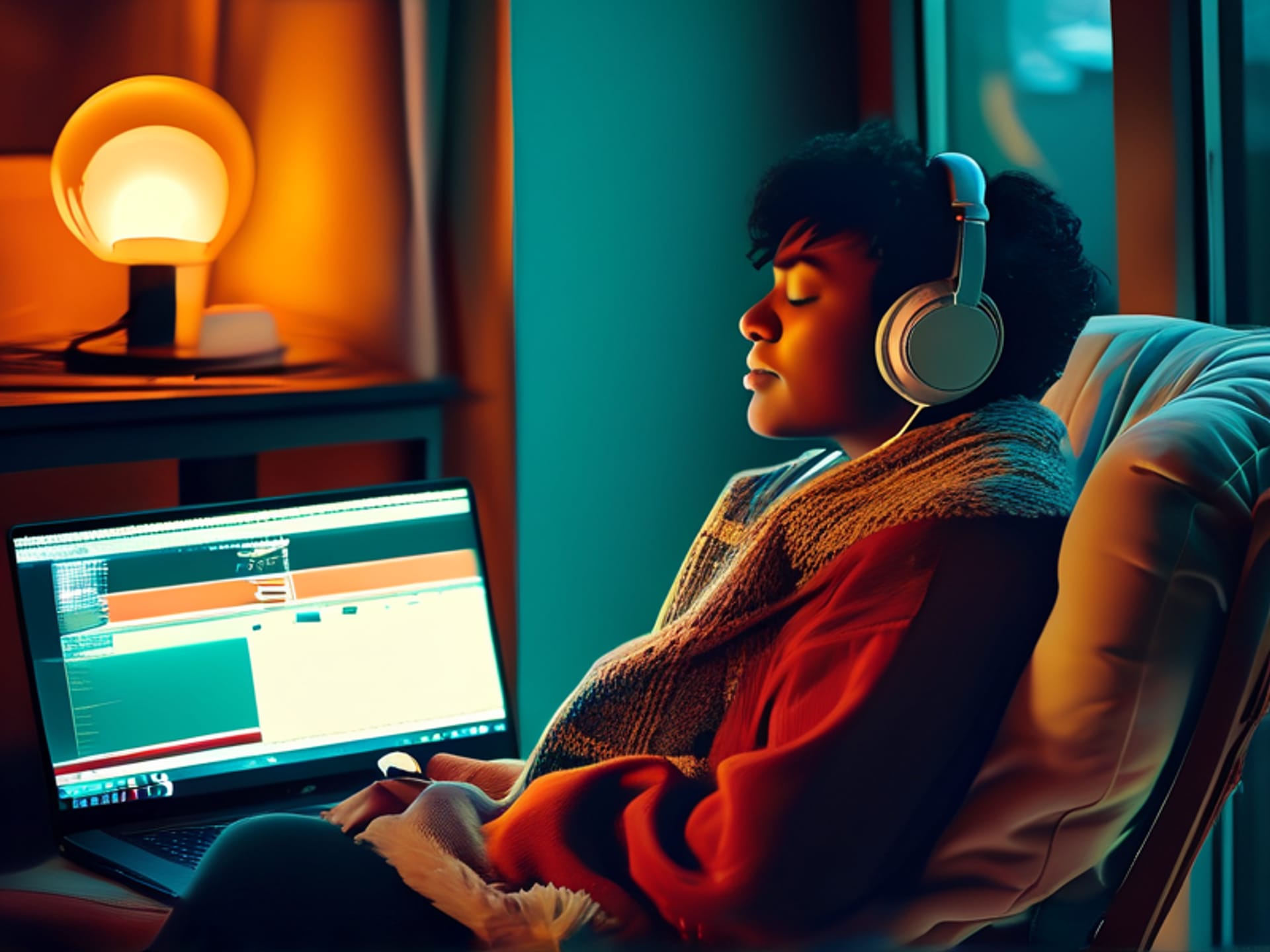 AI image prompt for Midjourney/Stable Diffusion: A person sitting in a comfortable chair, eyes closed, headphones on, actively listening back to a recording of their own voice on a laptop, warm cozy ambient light, introspective mood, photorealistic --ar 16:9