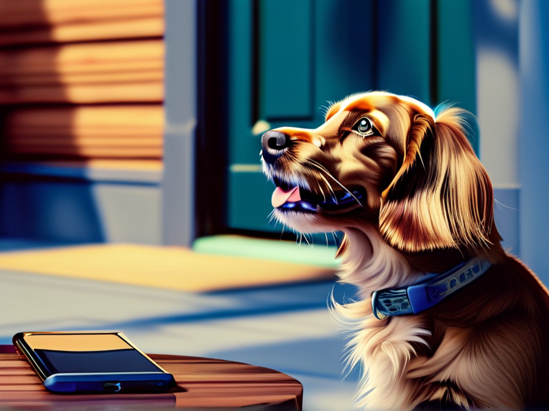 [Midjourney/SD Prompt: Dynamic shot, medium angle. An excited dog looking at a front door with a smart doorbell. On a small table, a smartphone shows a live video feed of a delivery person. A pair of sleek hearing aids are in focus in the foreground. High contrast, sharp focus, sense of anticipation]