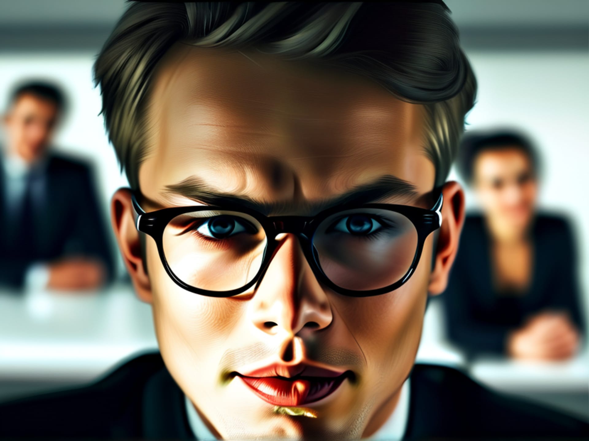 CLOSE UP of a person's face in a stark office conference room. They are forcing a tight, unconvincing smile, but their eyes are wide and anxious. The reflection of a stern-looking audience is visible in their glasses. Hyperrealistic, dramatic lighting, high detail, award-winning photography --ar 4:5