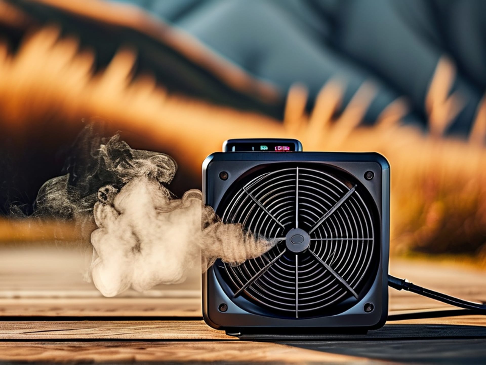 Close-up, detailed shot of a large-capacity power station (like a Jackery or EcoFlow) plugged into a CPAP machine. The power station's digital screen is on, showing a full battery. The CPAP's humidifier is emitting a soft wisp of vapor. On the floor next to an armchair. Dramatic, focused lighting. Photorealistic, product photography style.