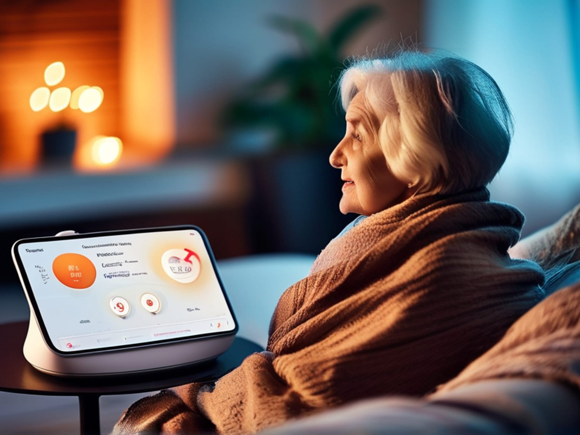 A cozy living room scene. An elderly person is wrapped in a blanket on a sofa, speaking to a glowing smart speaker on a side table. A tablet on their lap shows a simplified health dashboard. Ambient light, serene mood. Style: Warm, inviting lifestyle photography with a focus on accessibility.