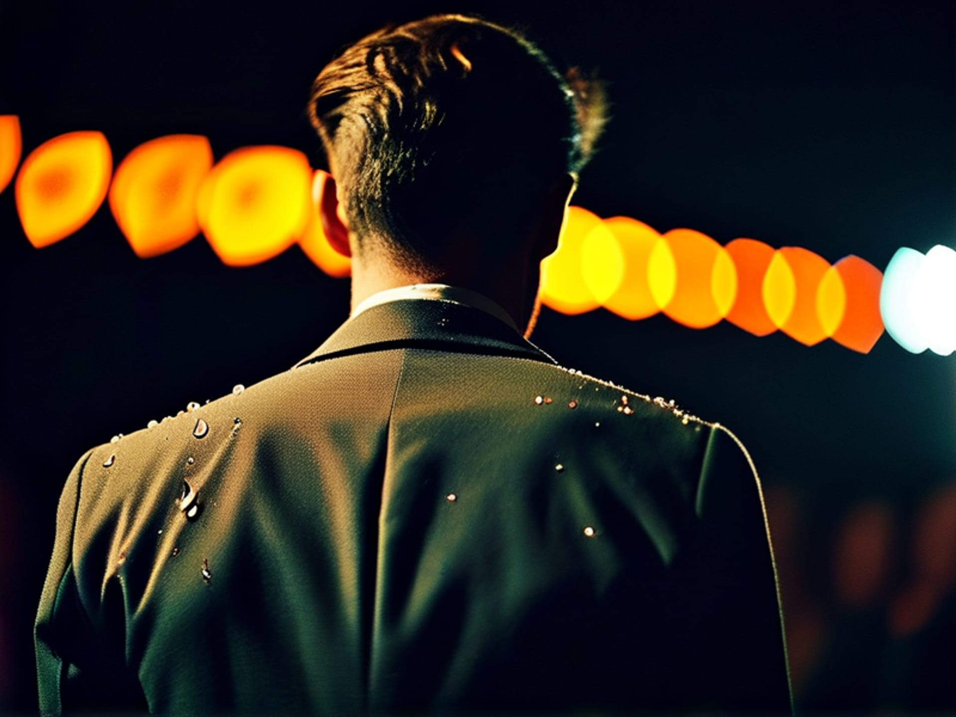 (PHOTOREALISTIC: Backstage scene. A man in a suit jacket exhales slowly, hands slightly shaking, a bead of sweat on his temple. He has just stepped behind the curtain, the faint orange glow of stage lights on his back. Super detailed, sharp focus, DSLR photography, tense but triumphant mood)