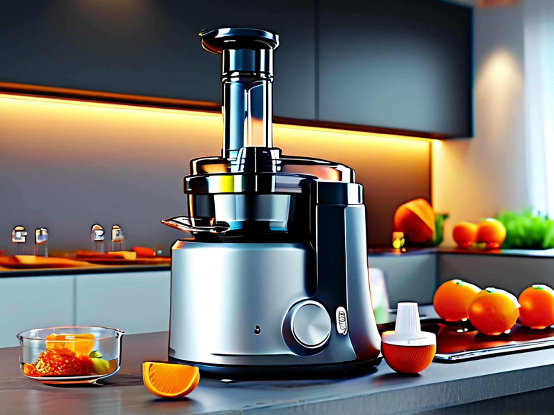 A modern blender-food processor combo on a kitchen island. It has a large pitcher jar on one side and a food processor bowl with a slicing disc attached on the other. All parts are present, sleek, and color-coordinated. Cinematic overhead shot, clean and minimalist, modern kitchen.