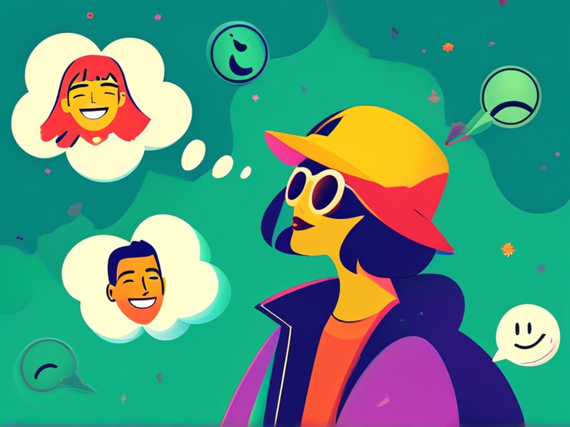 Midjourney prompt -- v 6.0, illustration style, a person with a thought bubble containing different friend faces, one labeled 'The Cheerleader', one 'The Nitpicker', one 'The Honest Ally', playful and colorful, clean vector art --ar 16:9