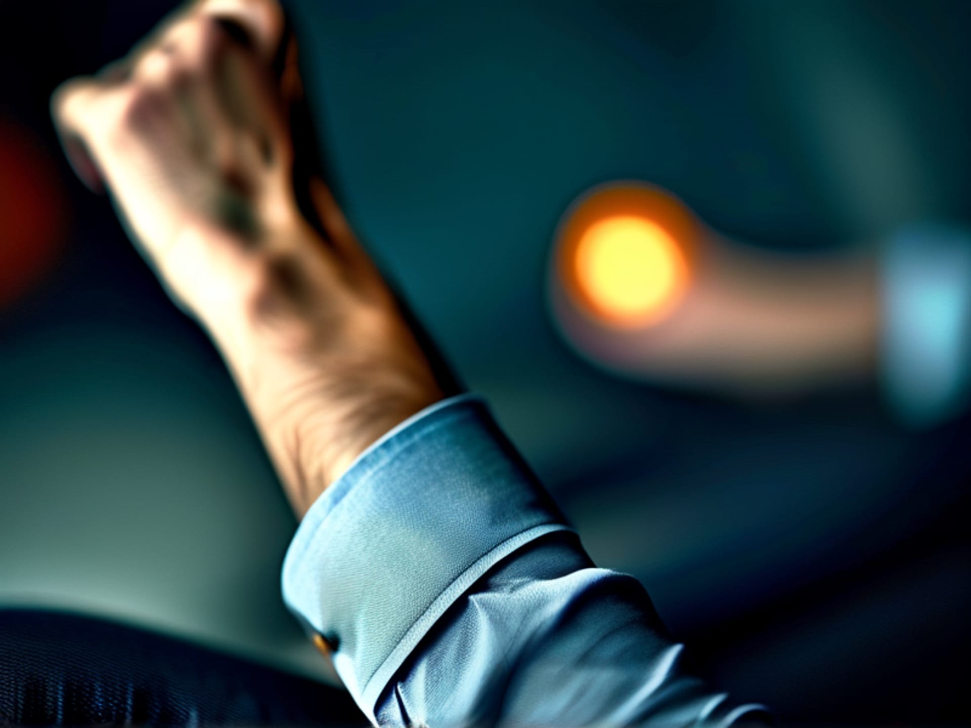 Midjourney/SD Prompt: Close-up detail shot, a speaker's hand gesturing dramatically, revealing a shirt cuff that is slightly too tight, pulling against the wrist. Shallow depth of field, emphasis on the tension in the fabric. Moody, dramatic lighting. --style raw